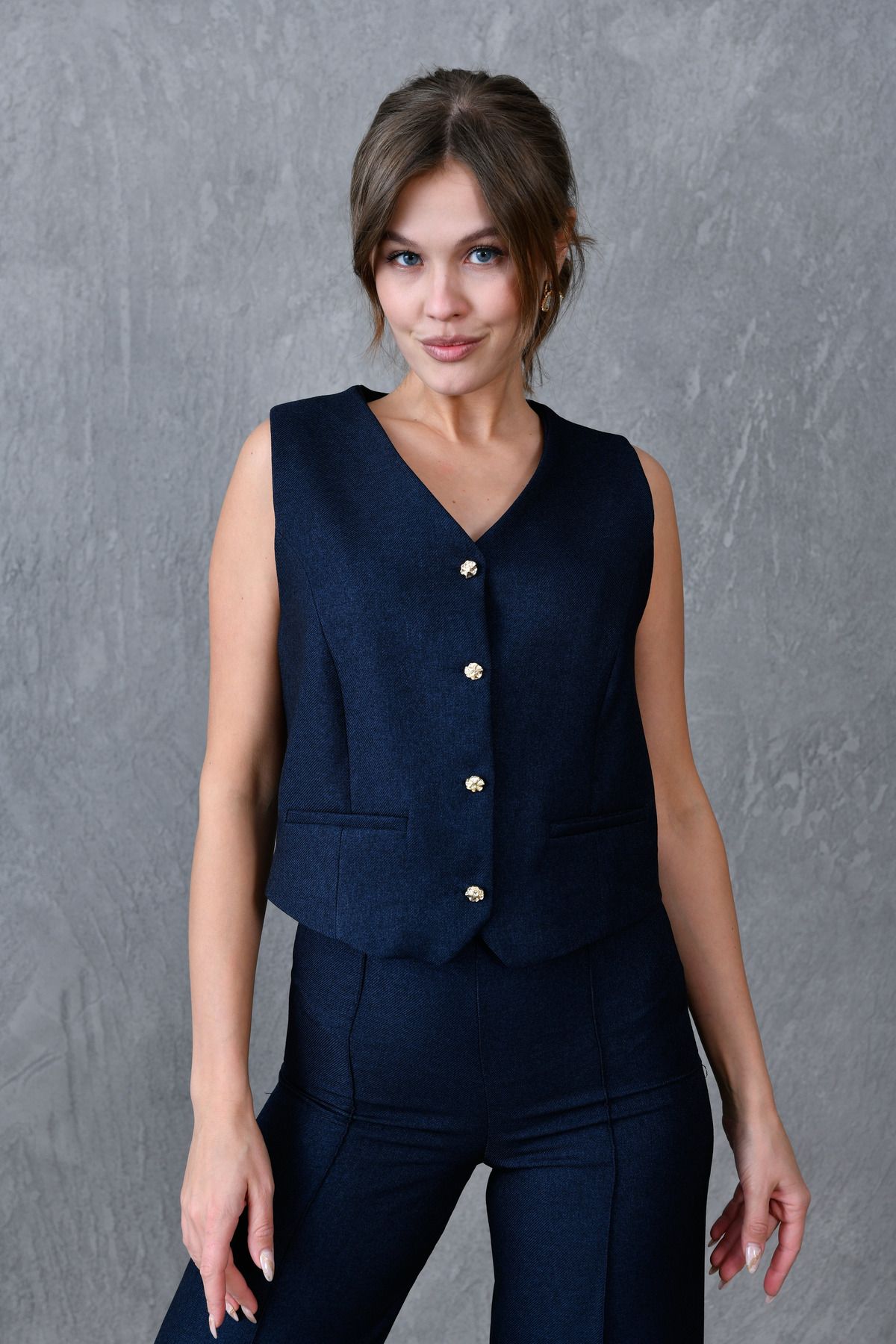 bayansepeti-Navy Blue Lined Wool Effect Fabric Vest and Wide Leg High Waist Pants Two-Piece Set 9111 4