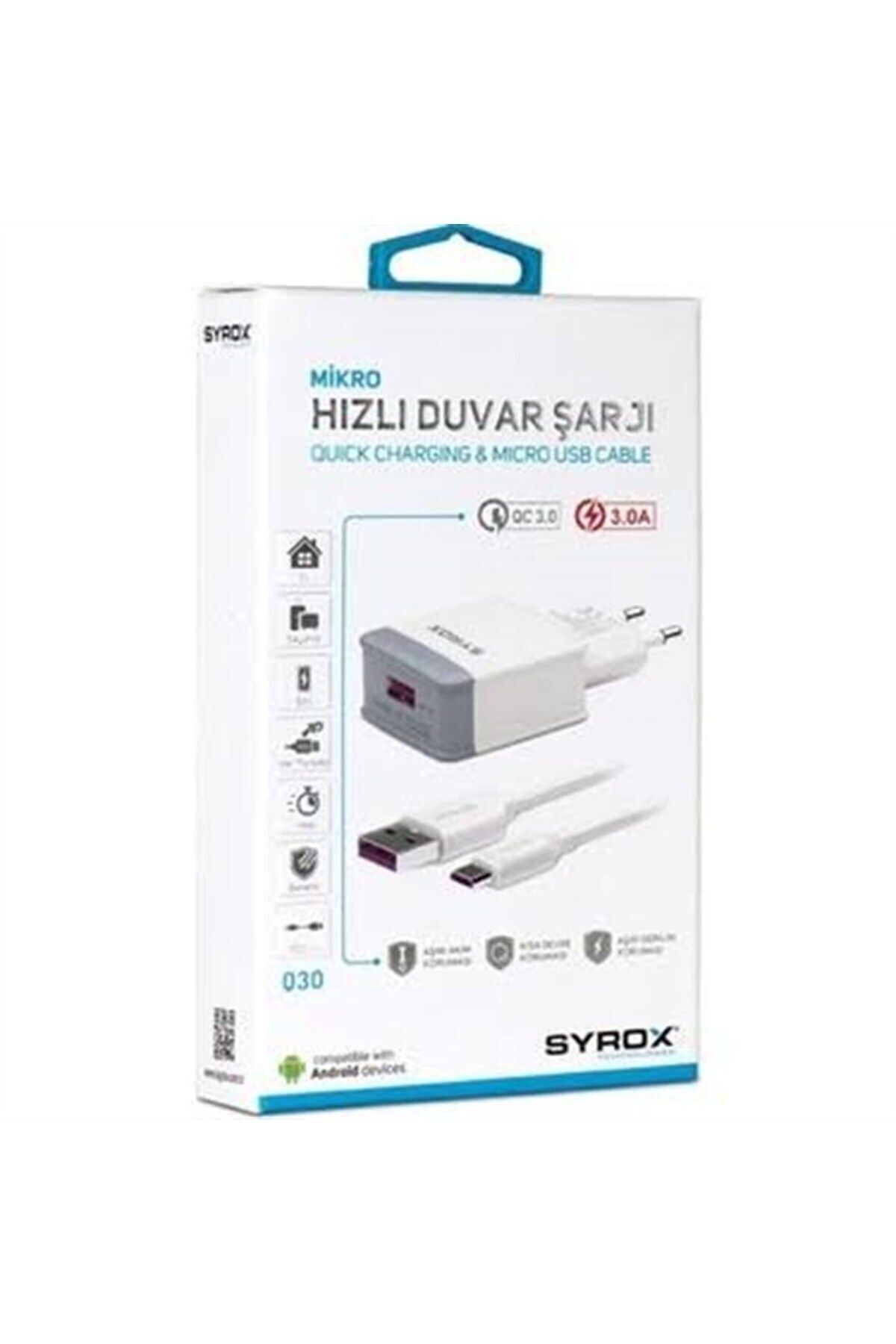 Syrox Mikro Usb Hızlı Duvar Şarjı 3.0 A Uyumlu 100cm Kablo - Q30