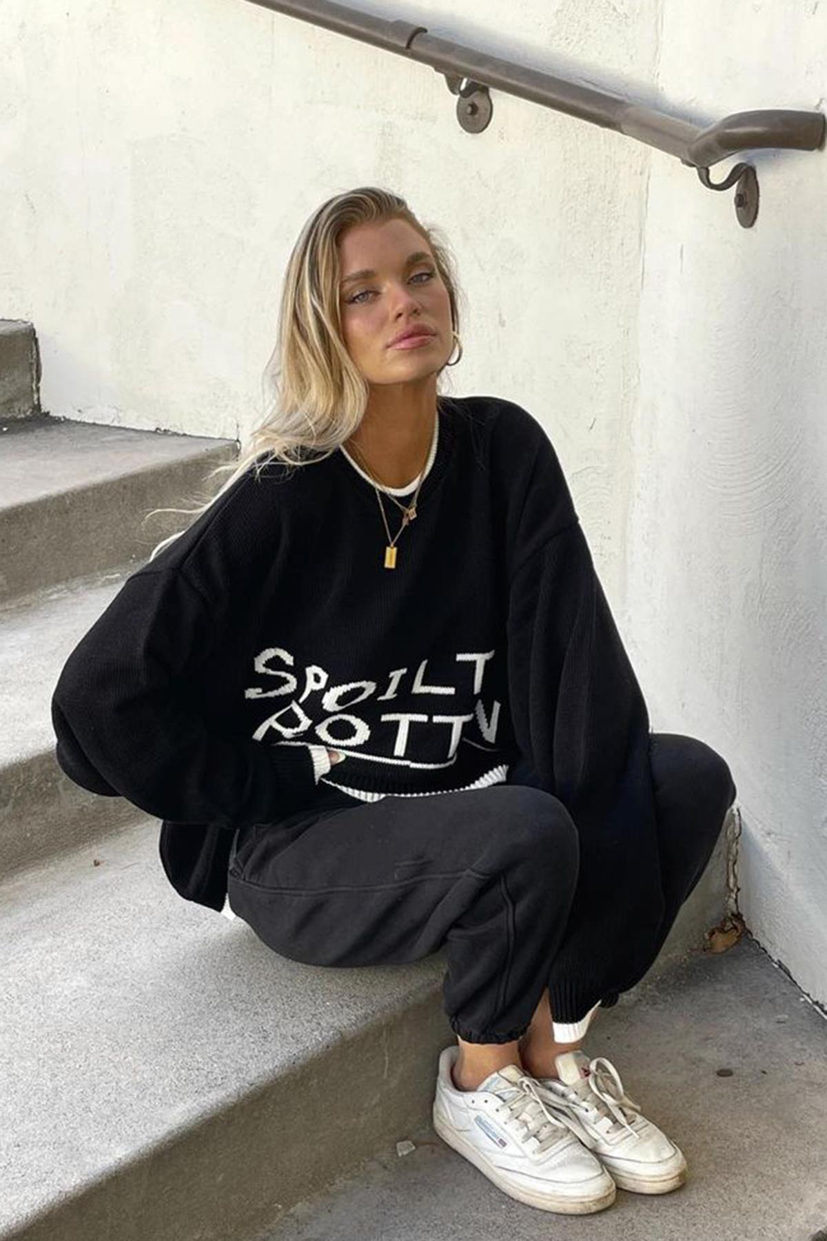 Madmext Siyah Yazılı Oversize Bisiklet Yaka Kadın Kazak Mg1596 görsel 3