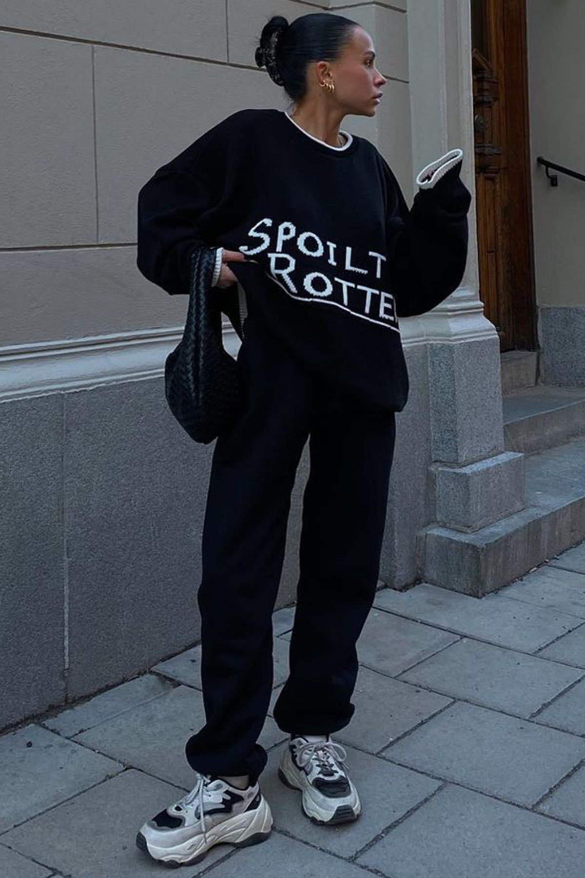 Madmext Siyah Yazılı Oversize Bisiklet Yaka Kadın Kazak Mg1596 görsel 5
