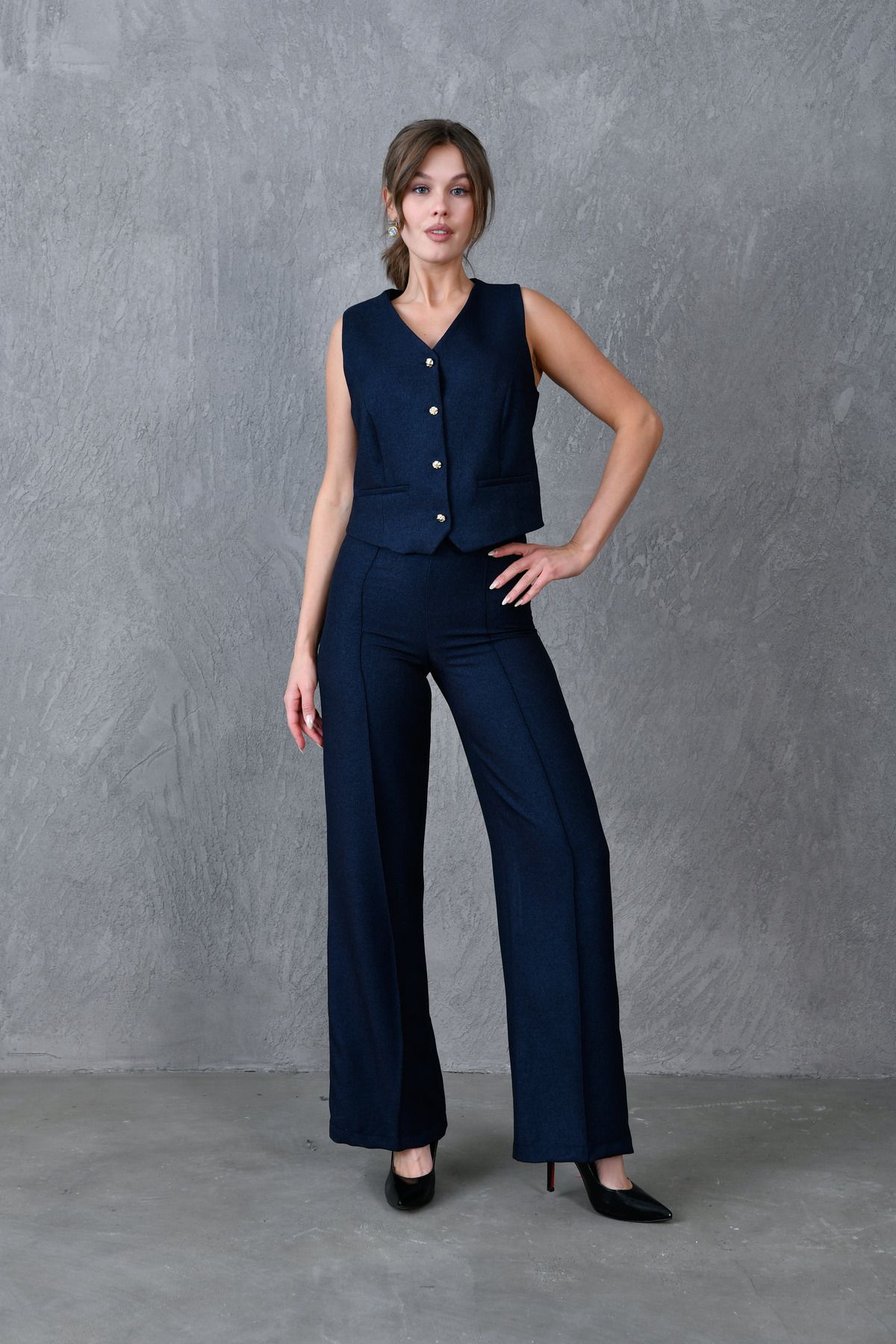 bayansepeti-Navy Blue Lined Wool Effect Fabric Vest and Wide Leg High Waist Pants Two-Piece Set 9111 7