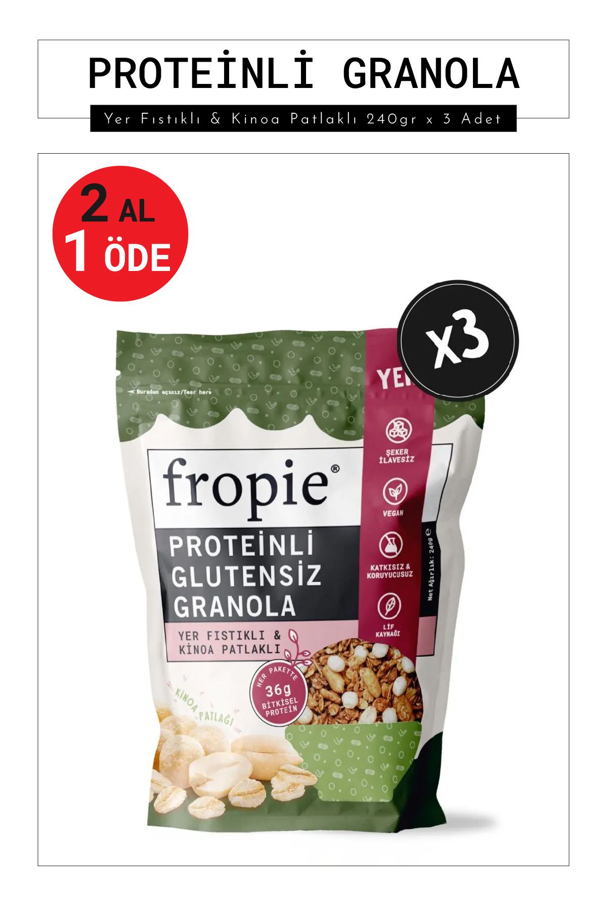 FROPİE Proteinli Glutensiz Granola - Yer Fıstıklı & Kinoa Patlaklı 240gr x 3 Adet