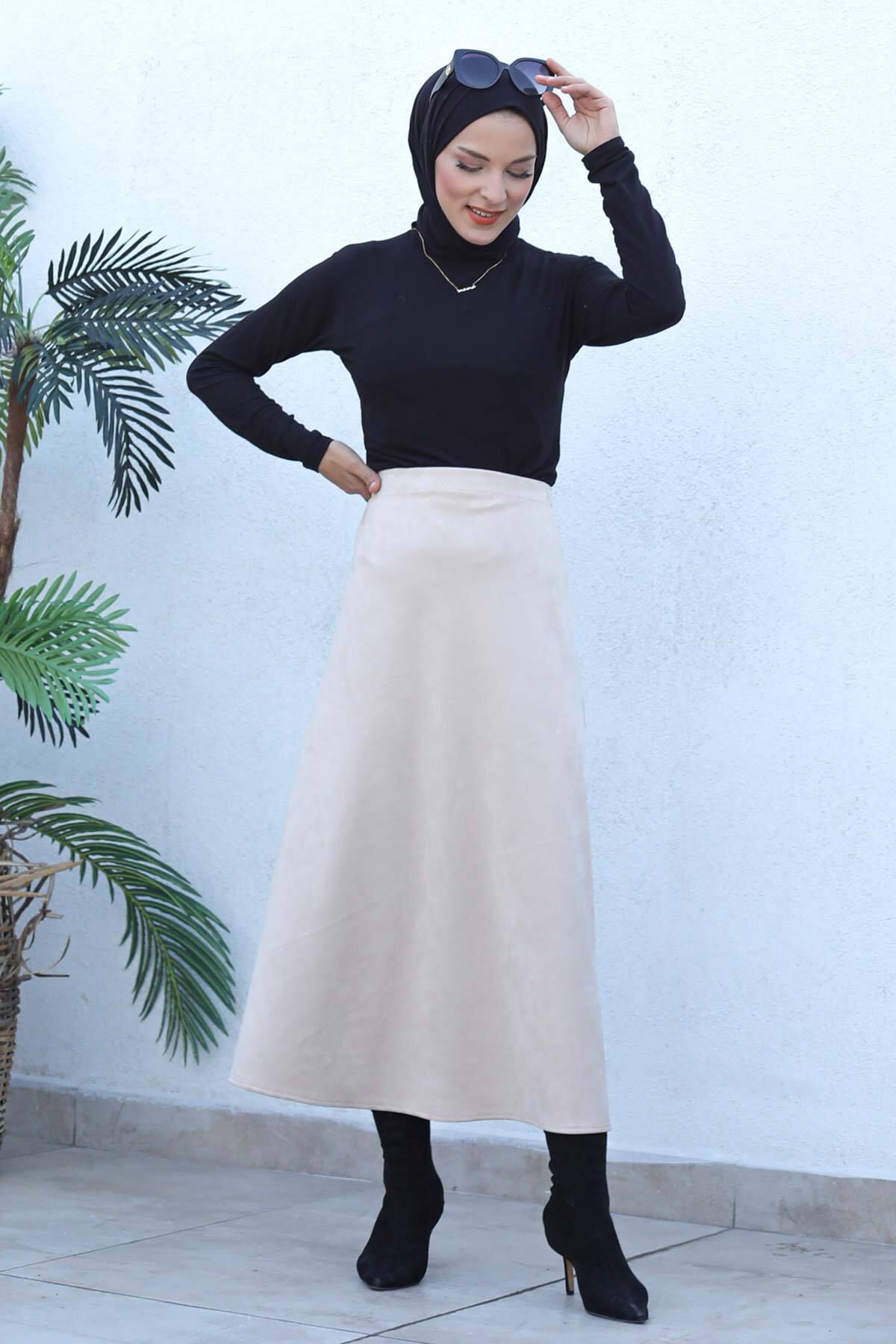 Tesettür Dünyası-Suede Mevlana Skirt Tsd0036 Beige 4