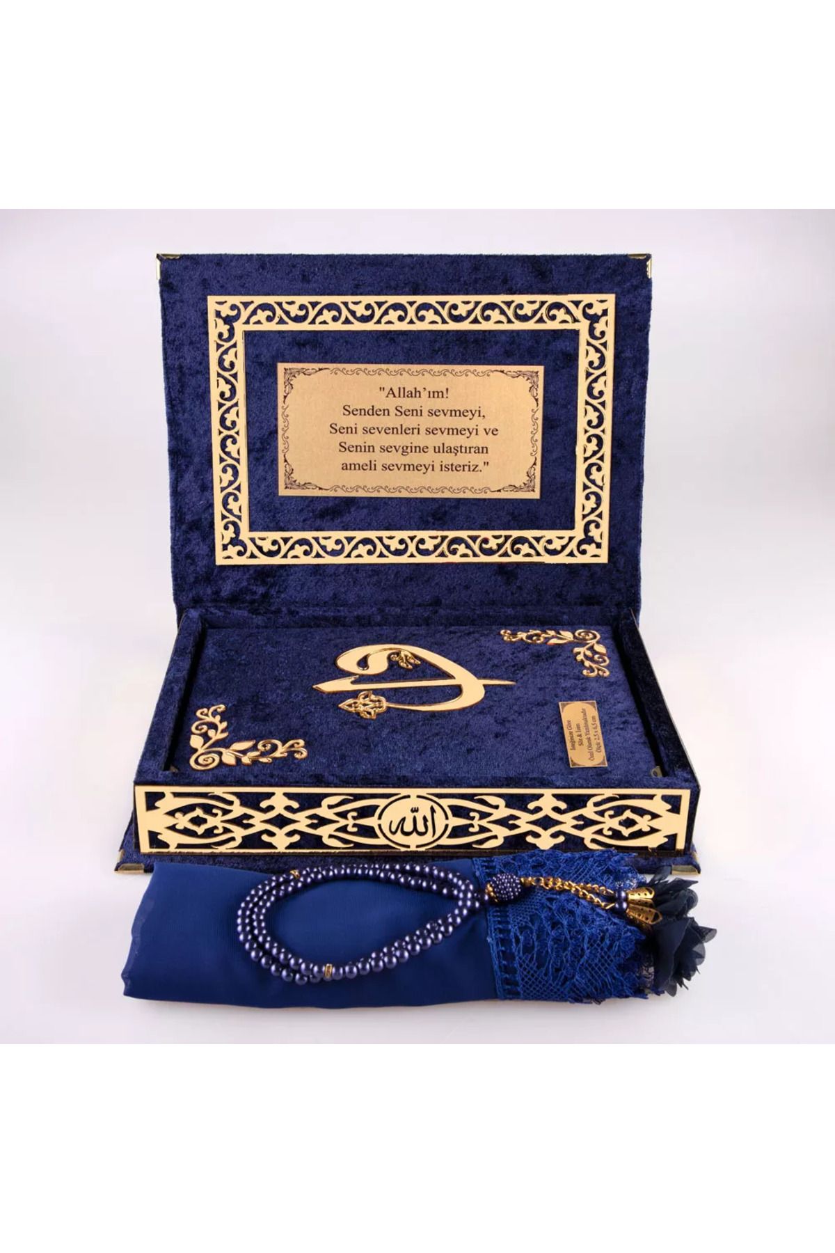 Yiğittech Şal + Tesbih + Kuran Hediye Seti (Orta Boy, ElifVav, Gold Pleksi, Raşel Kutu, Lacivert)