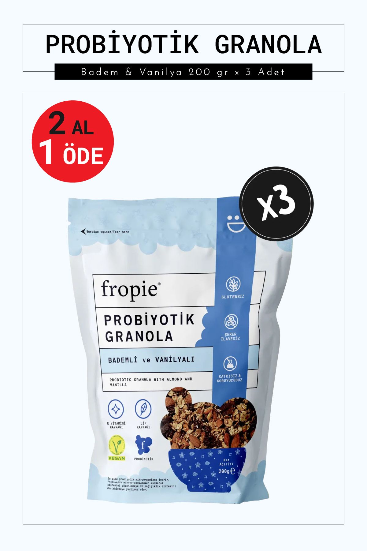 FROPİE Probiyotik Granola - Badem & Vanilya 200 gr x 3 Adet