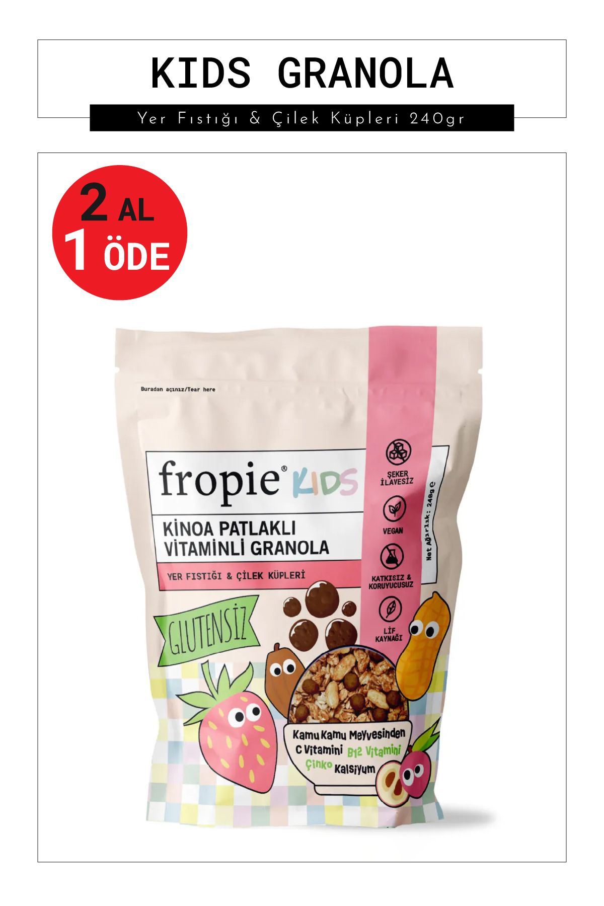 FROPİE Kids Granola - Yer Fıstığı & Çilek Küpleri 240gr