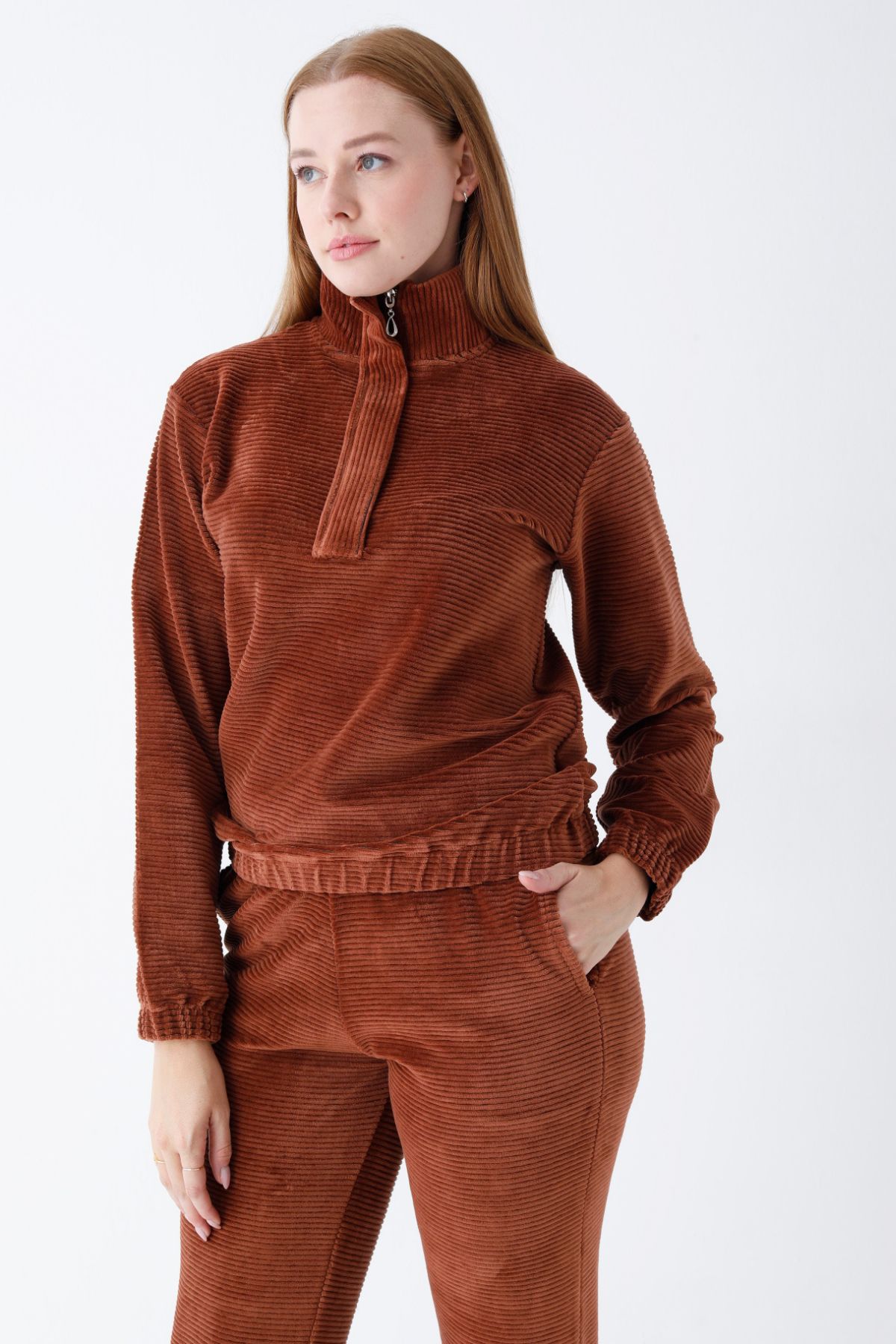 İntensive-Brown Long Sleeve Pocket with Collar Zipper Cotton Velvet Lycra Bottom Top Tracksuit Set 3