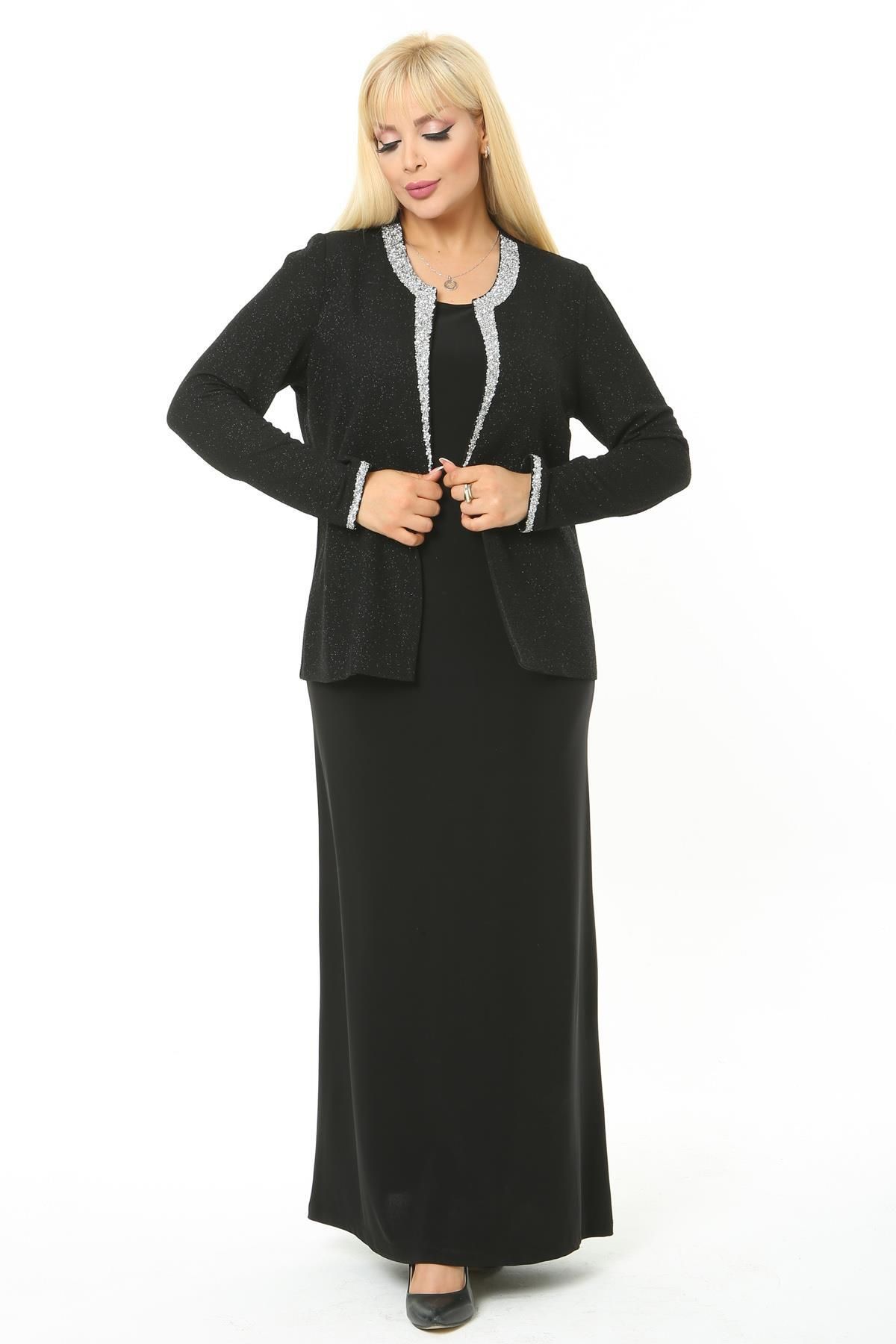 Ladies First-Plus Size 3729 Black Silver Evening Jacket+Gown Set 3