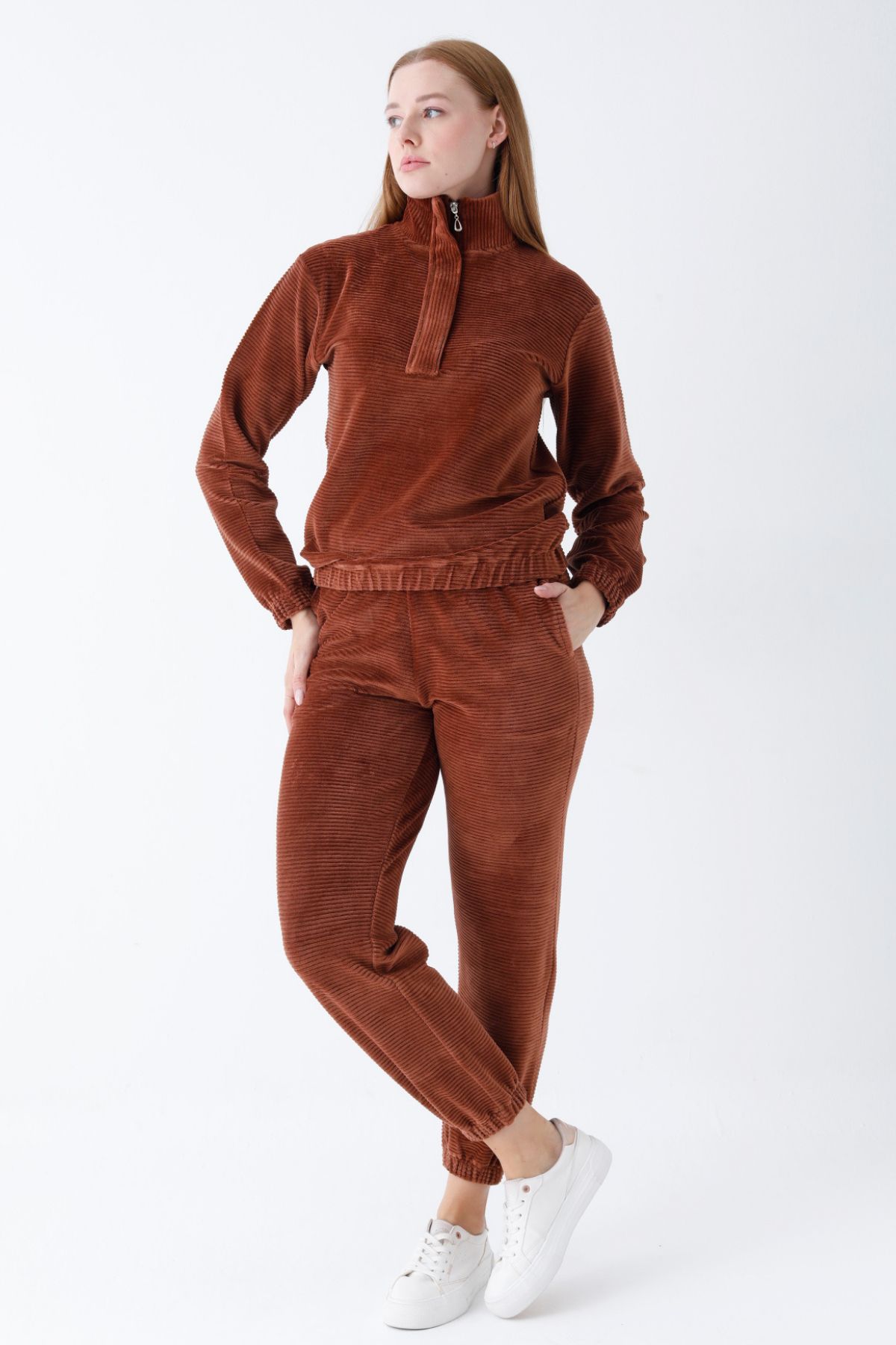 İntensive-Brown Long Sleeve Pocket with Collar Zipper Cotton Velvet Lycra Bottom Top Tracksuit Set 2