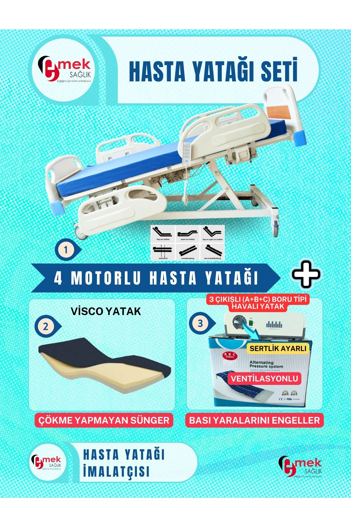 emek sağlık 4 Motorlu Full Abs Hasta Karyolası+ Visco Yatak + 3 Çıkışlı ABC Boru Tipi Havalı Yatak Takım