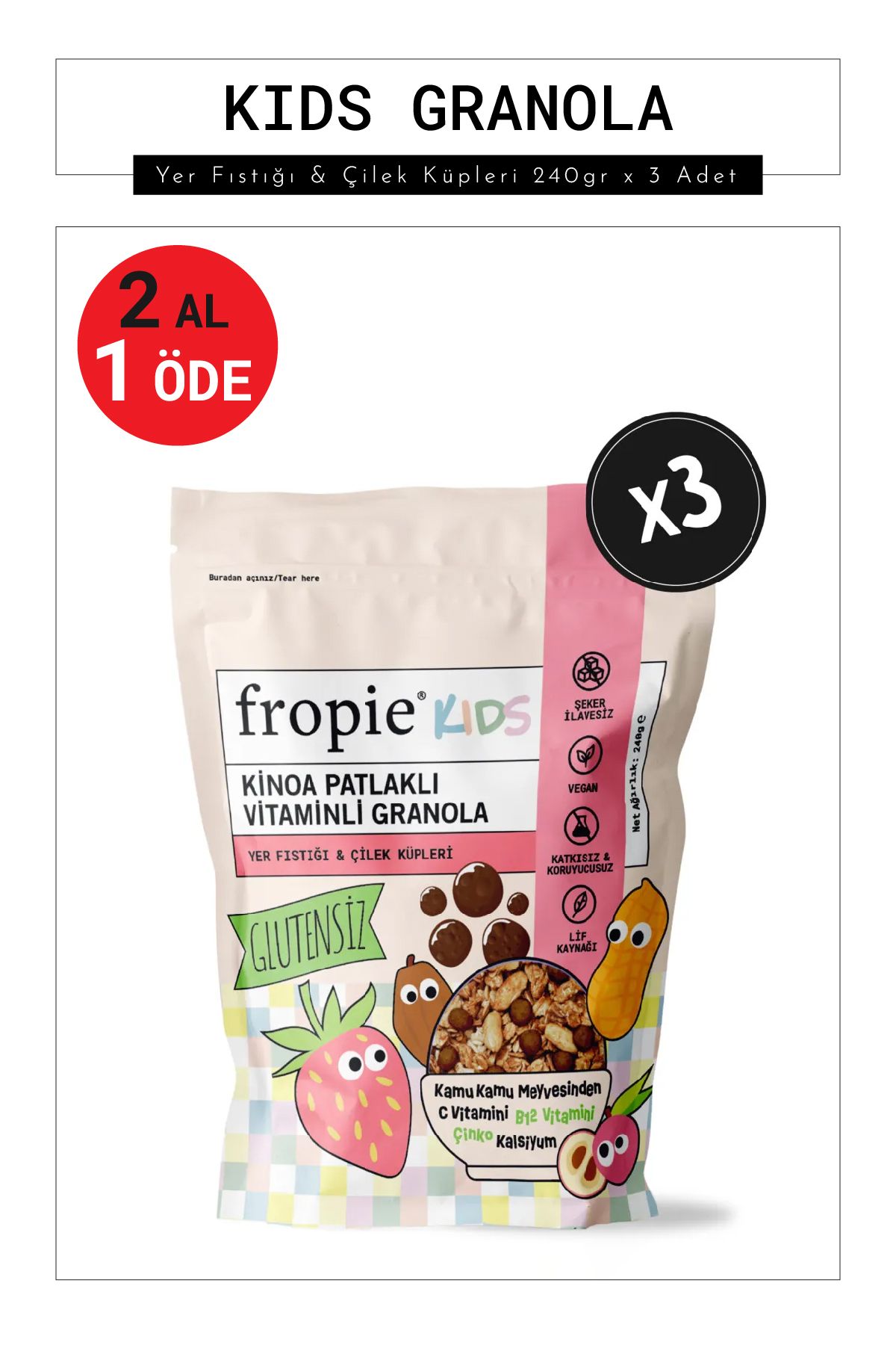 FROPİE Kids Granola - Yer Fıstığı & Çilek Küpleri 240gr x 3 Adet