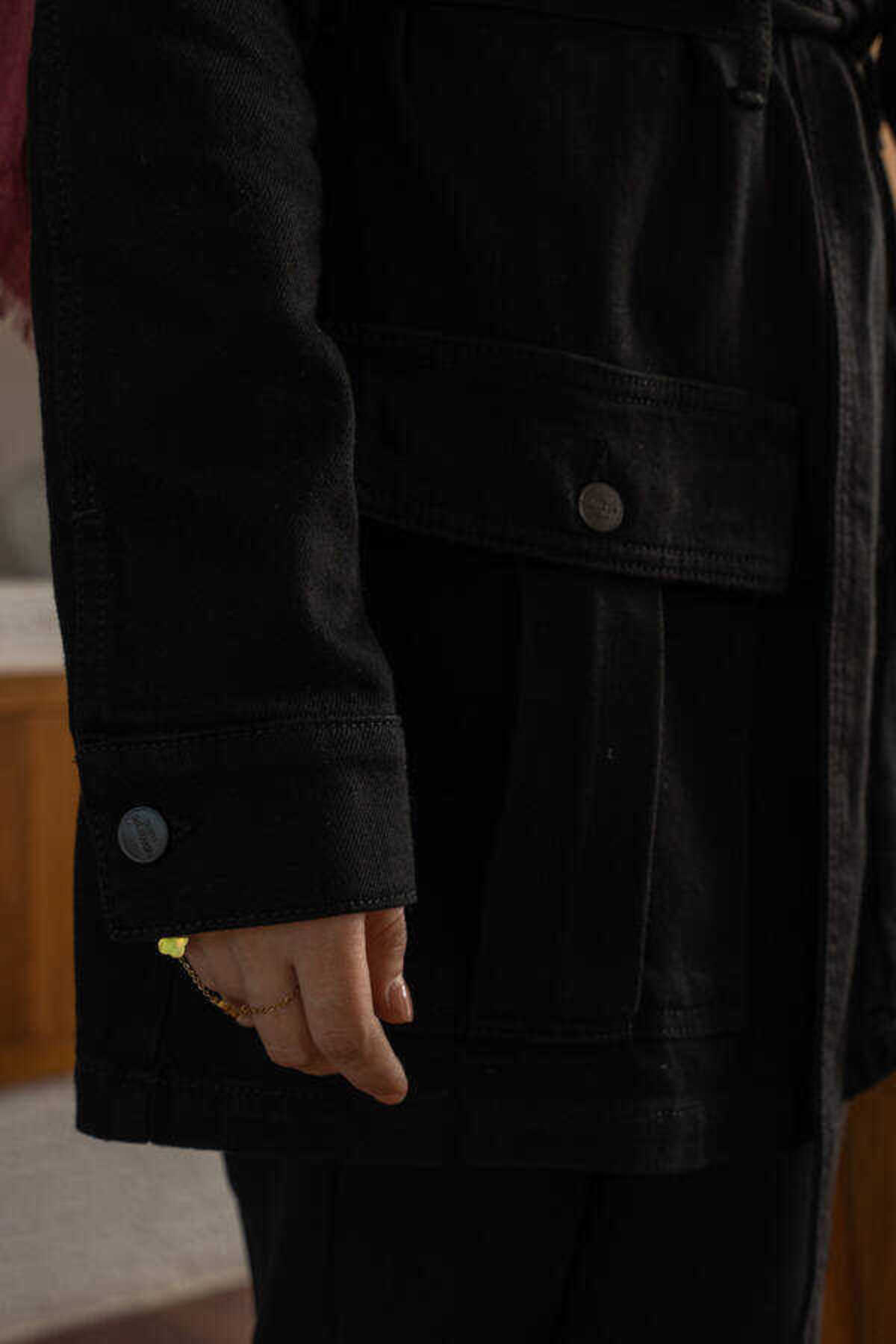 Neways  6653-Cepli Kuşaklı Kısa Ceket Siyah - Görsel 9