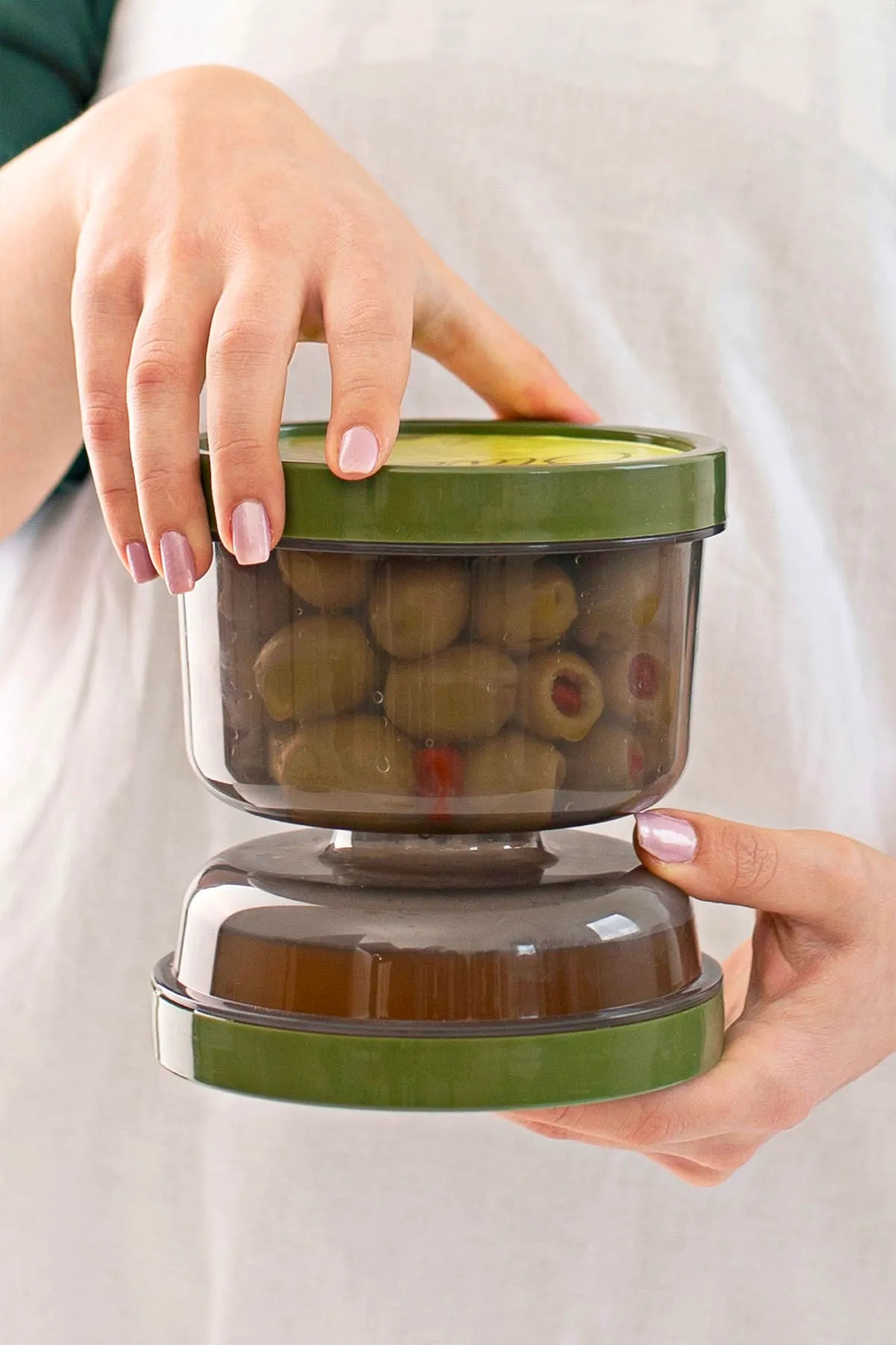 Emofom-Hourglass Olive Pickle Container Storage Container with Strainer 3