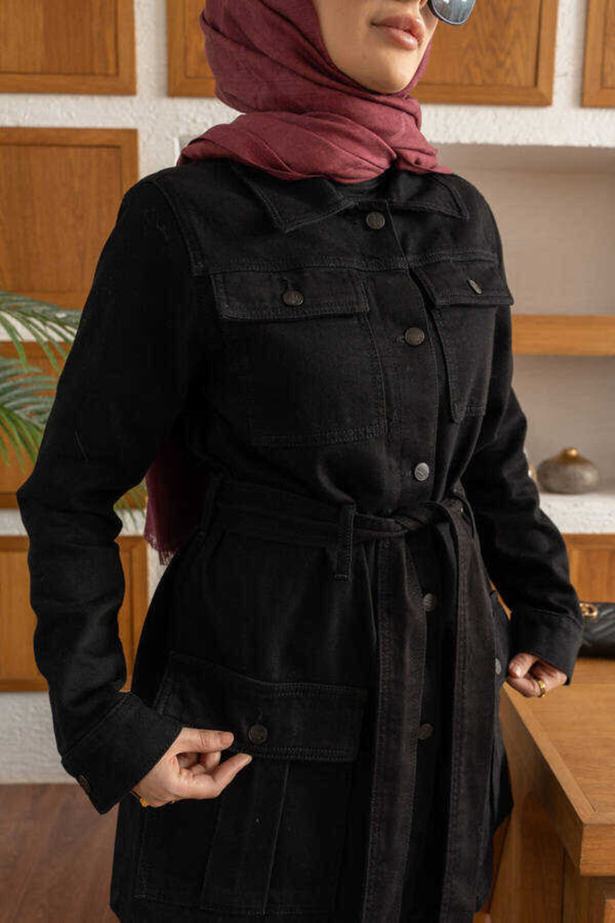 Neways  6653-Cepli Kuşaklı Kısa Ceket Siyah - Görsel 7