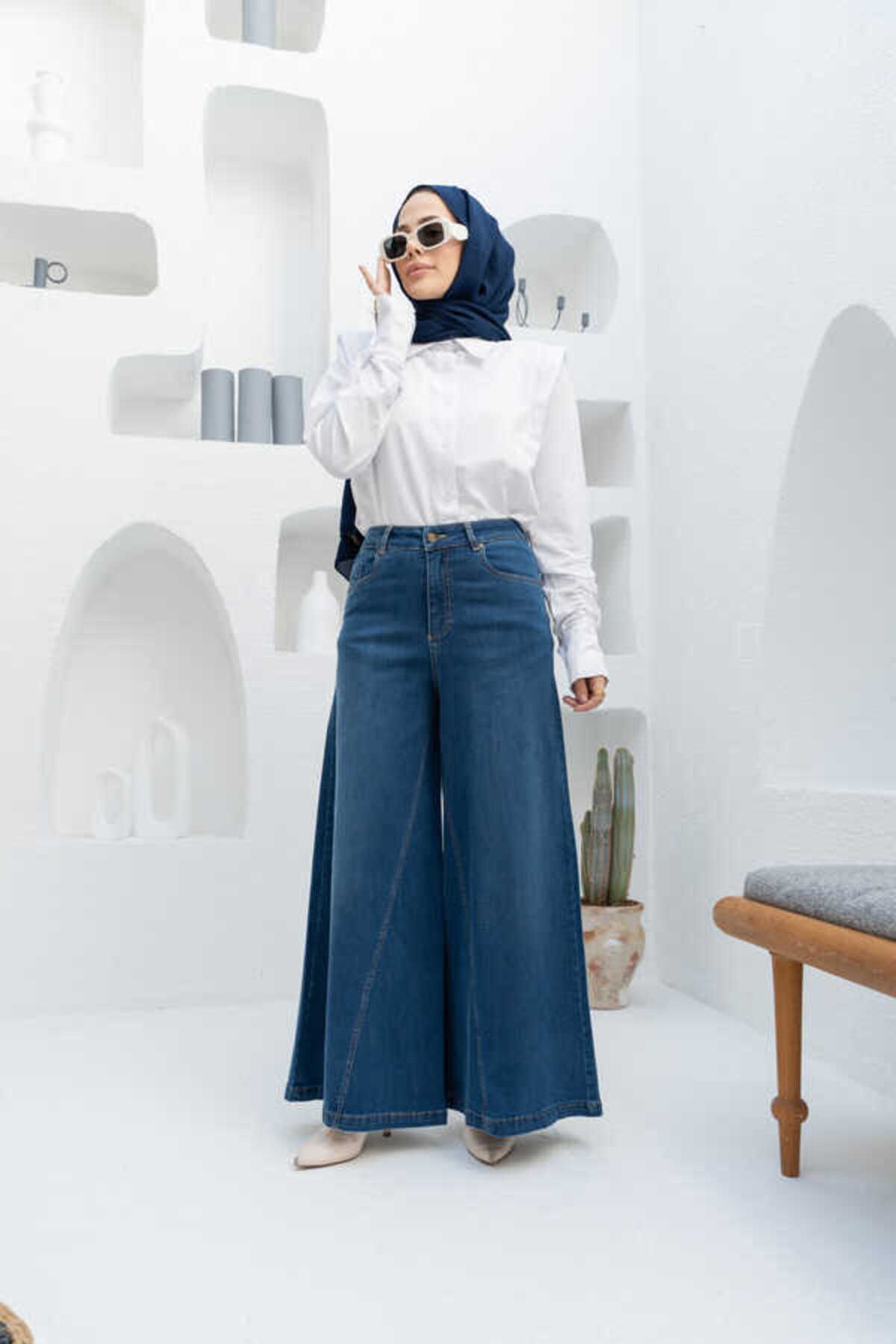 Neways-Model 1162 - Fusta cu pantaloni din denim albastru închis 7