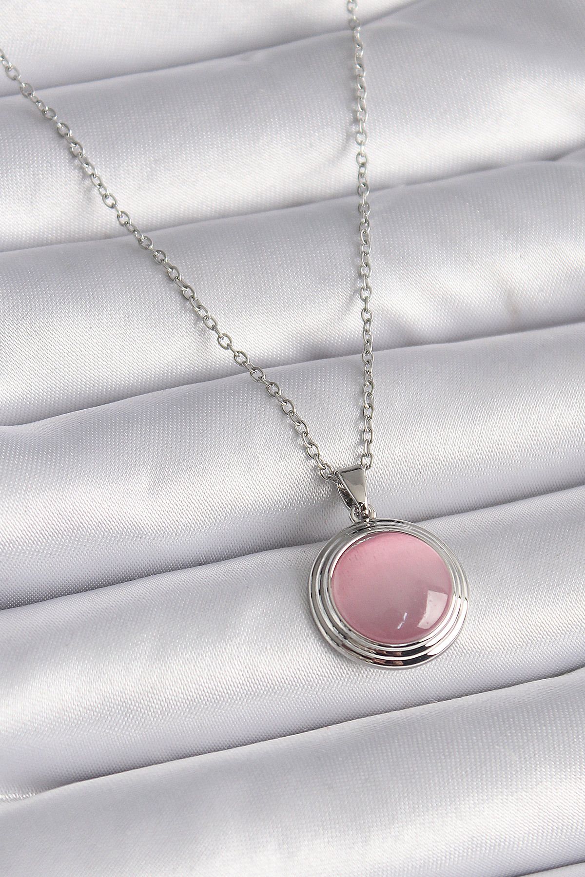 MMB Boutique 316L Çelik Gümüş Renk Daire Pembe Sedefli Model Kadın Kolye