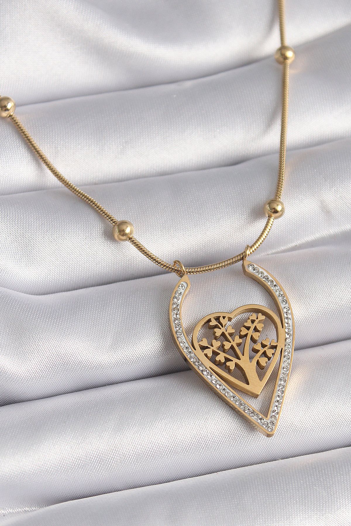 MMB Boutique 316L Çelik Gold Renk Zirkon Taşlı Detaylı Kalp Fidan Model Kadın Kolye