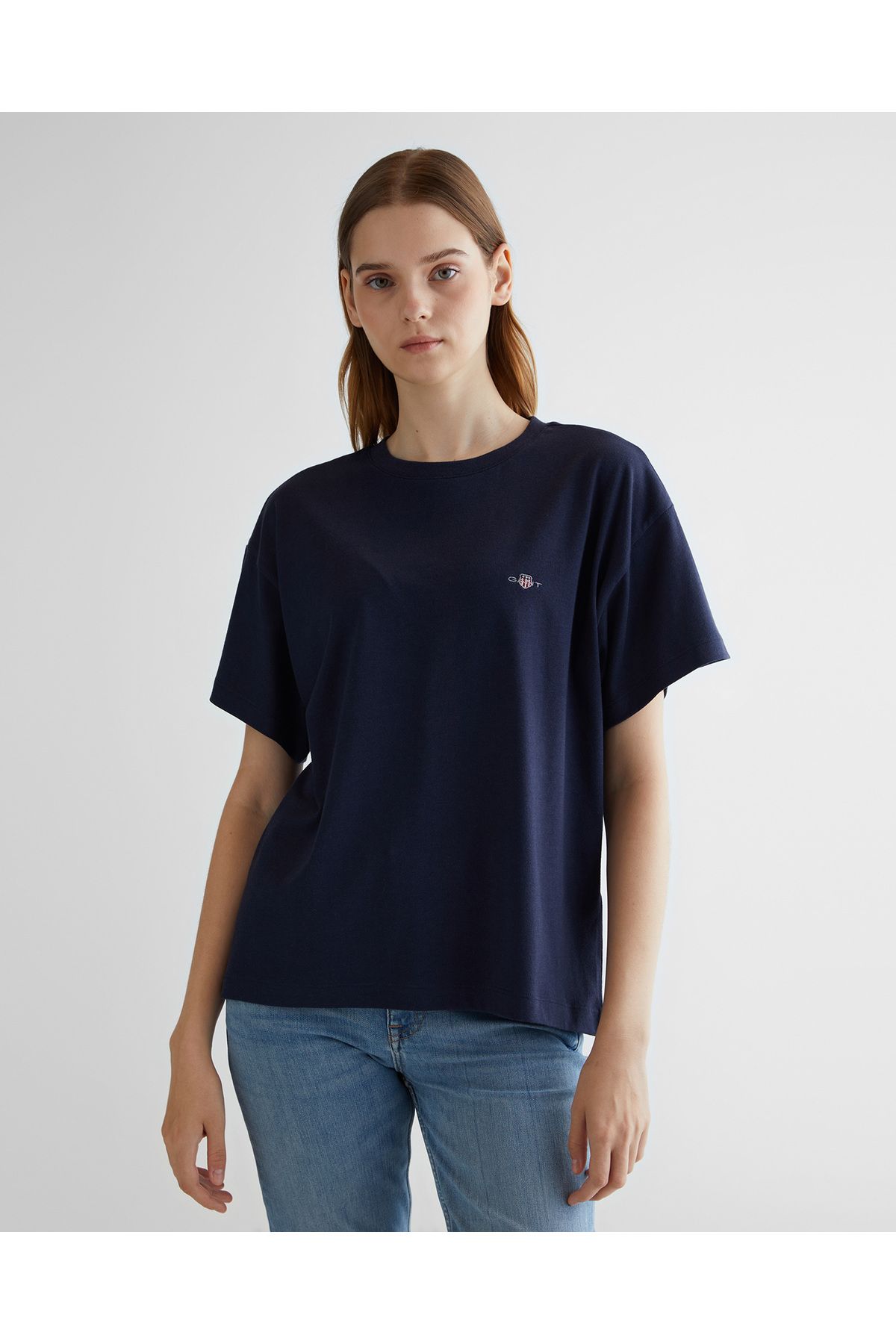 Gant Kadın Lacivert Oversize Fit Bisiklet Yaka Logolu T-shirt