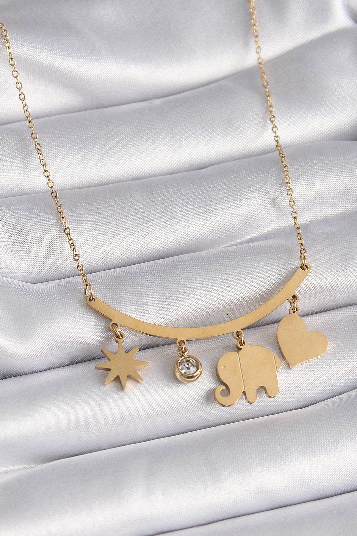 MMB Boutique 316L Çelik Gold Renk Fil Figür Zirkon Taş Detay Kadın Kolye