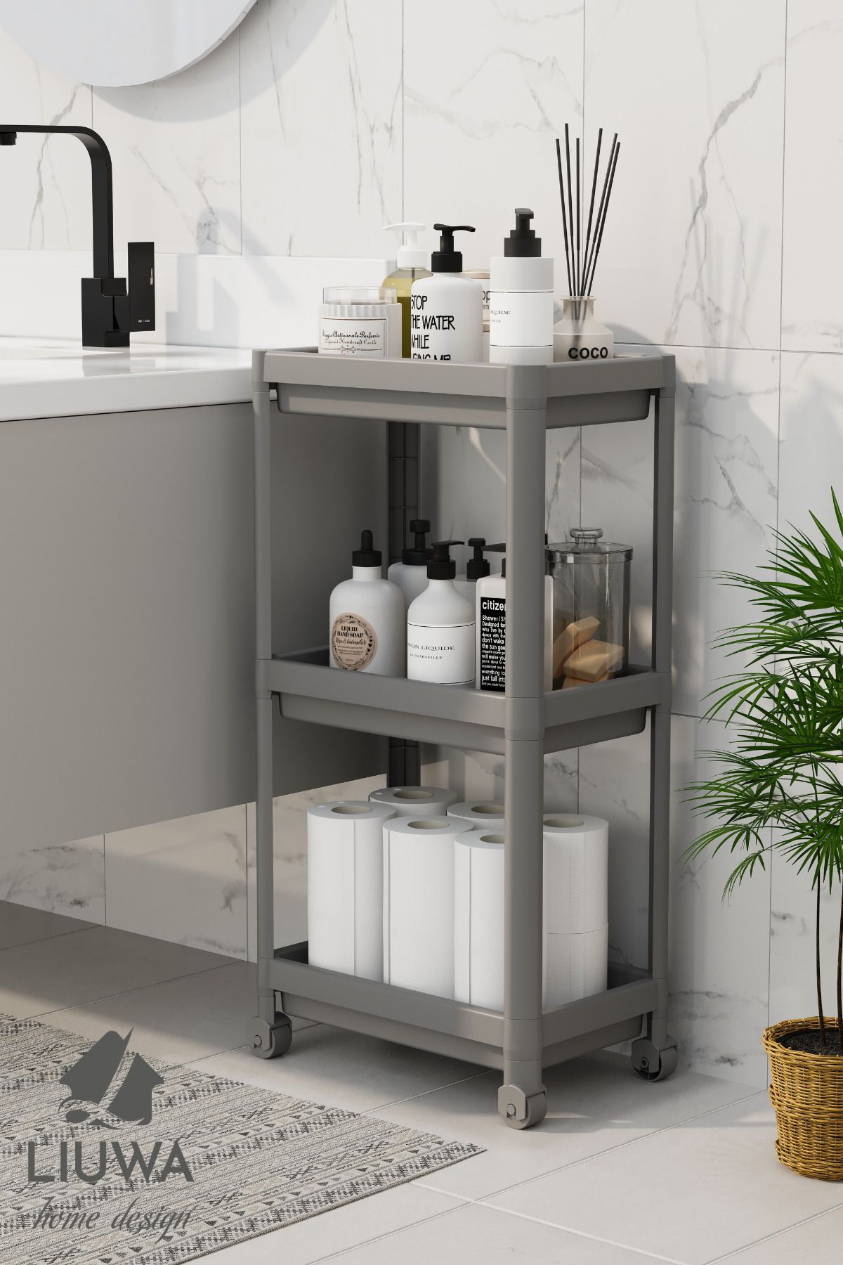 LIUWA-Peggy 3-Tier Organizer with Wheels Kitchen Shelf Bathroom Shelf under Counter under Sink Detergent Holder 2