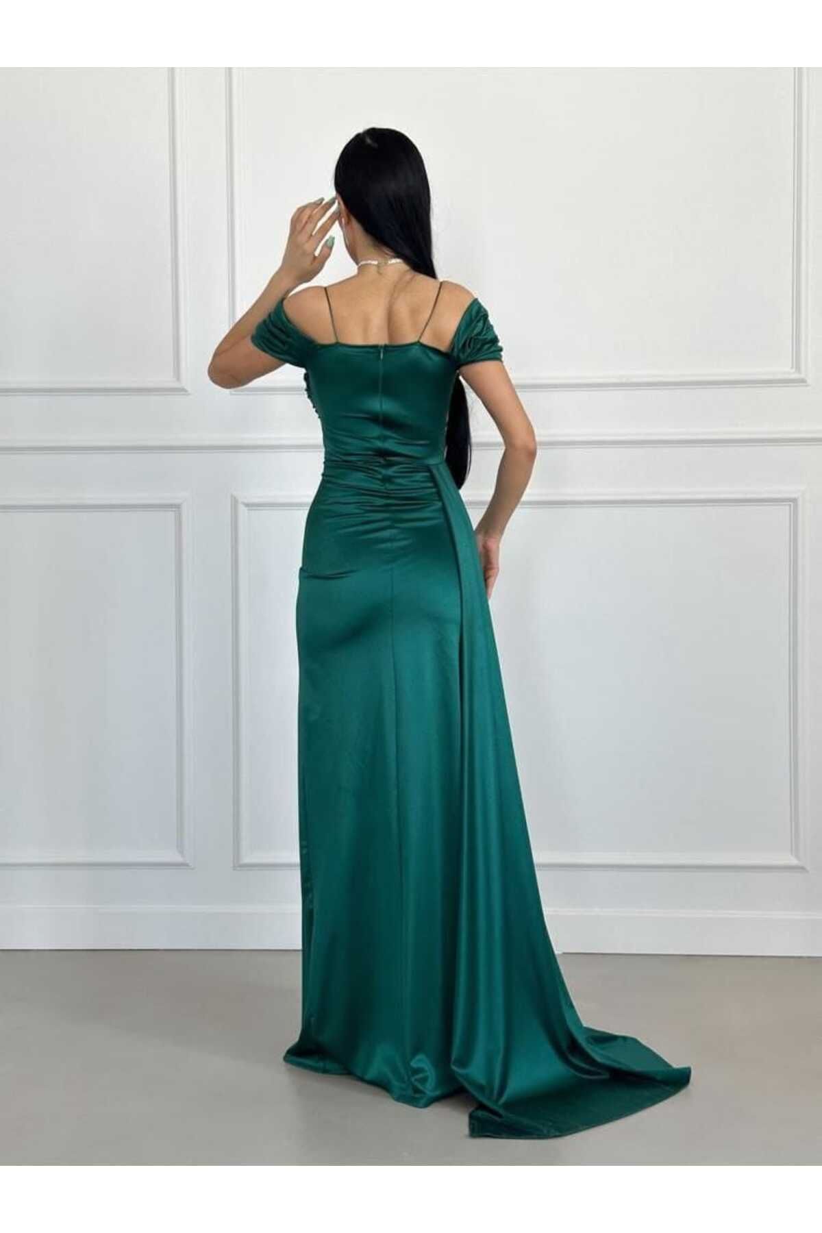 Mekafashion-Green Evening Dress with Stone Drape Neckline Slit Detail Train 582553 3