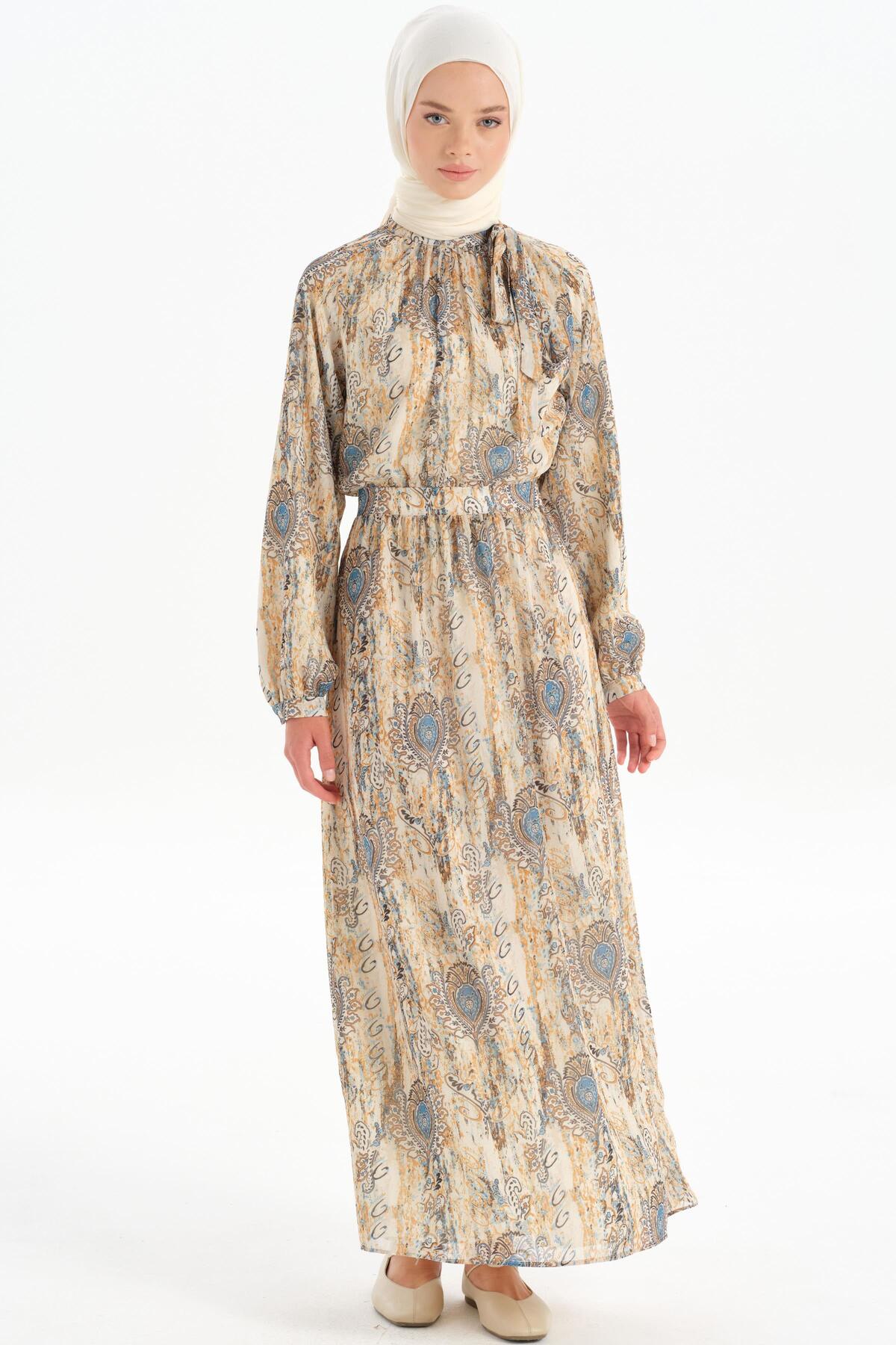 لباس حریر طرح‌دار - شتری Tuğba