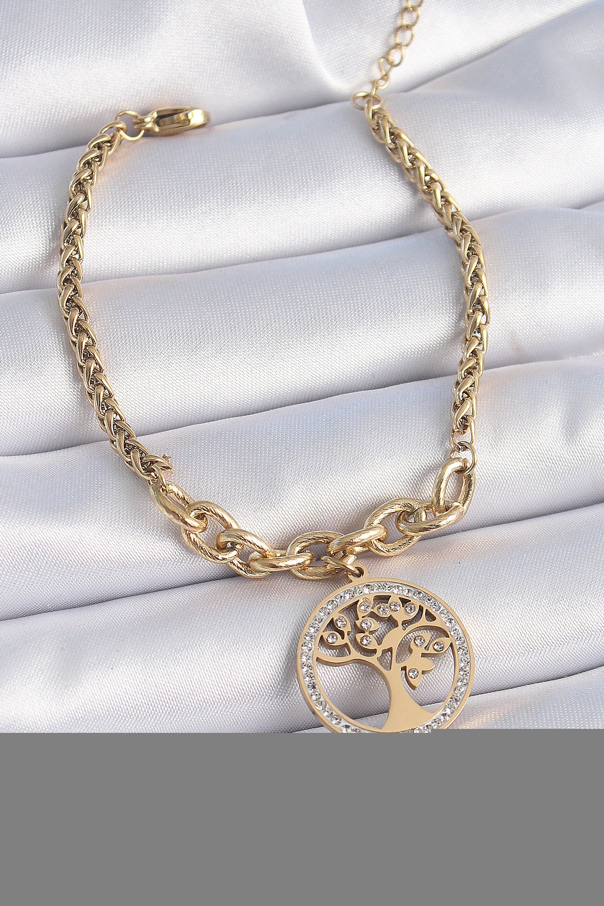 KfksStore 316L Çelik Gold Renk Zirkon Taşlı Yaşam Ağacı Figür Kadın Bileklik