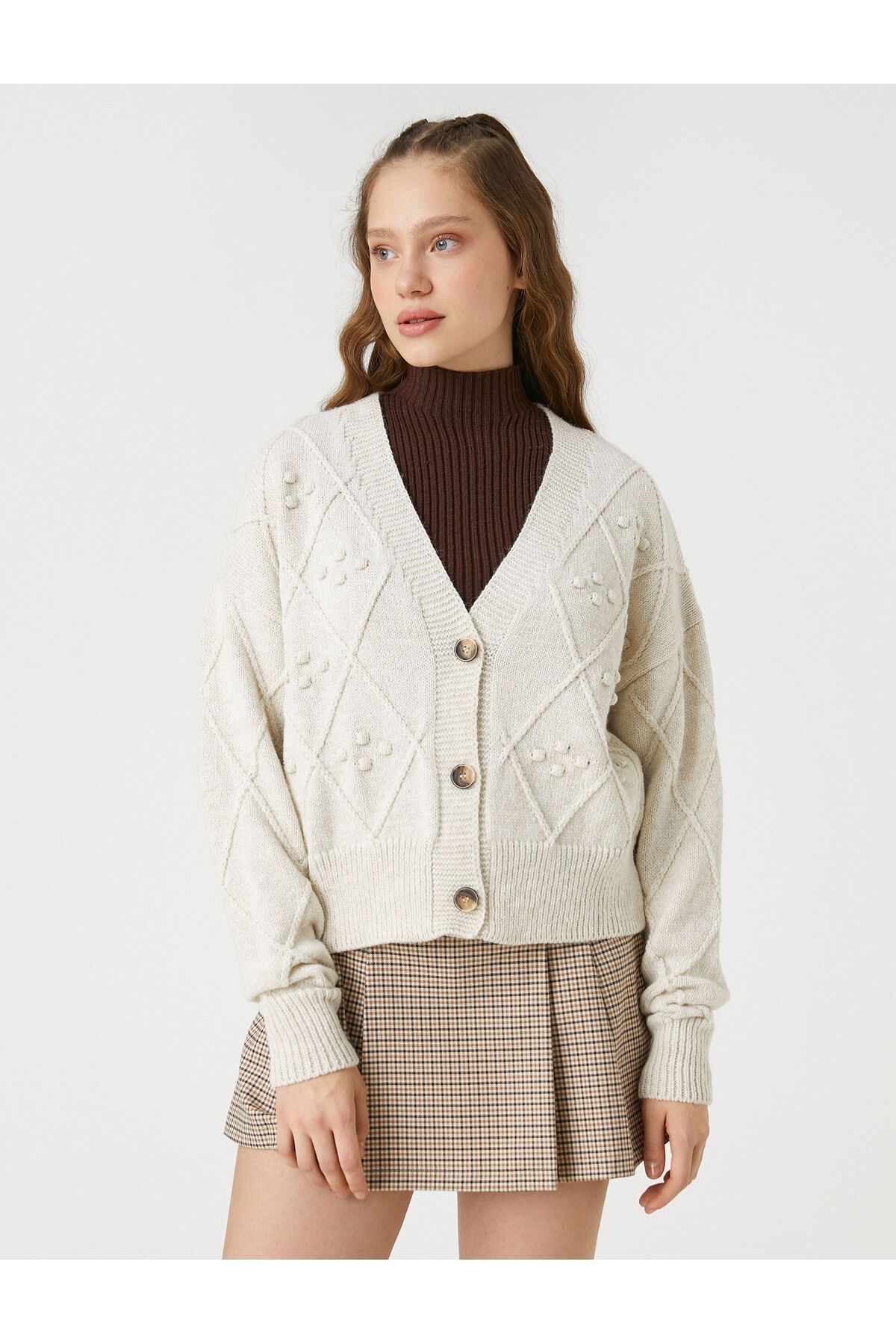 Koton-Crop Cardigan Knitted V-Neck Long Sleeve Buttoned 3