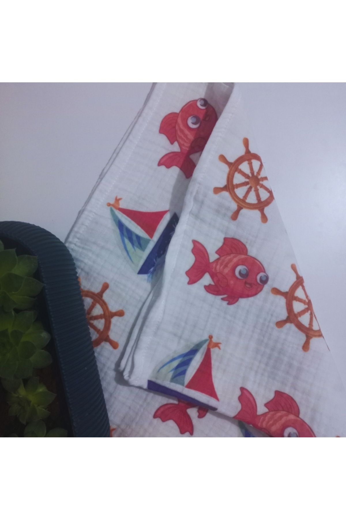 SY TASARIM-Cotton 100X100Cm Double Layer Fish Ship Pattern Patterned Muslin Cover 1