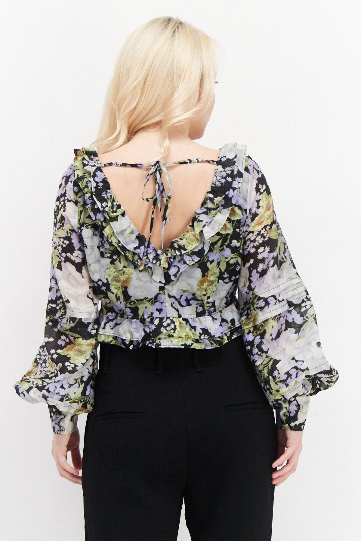Asos Design-Women Petite V-neck Long Sleeves Floral Pattern Crop Top, Black Combo 3