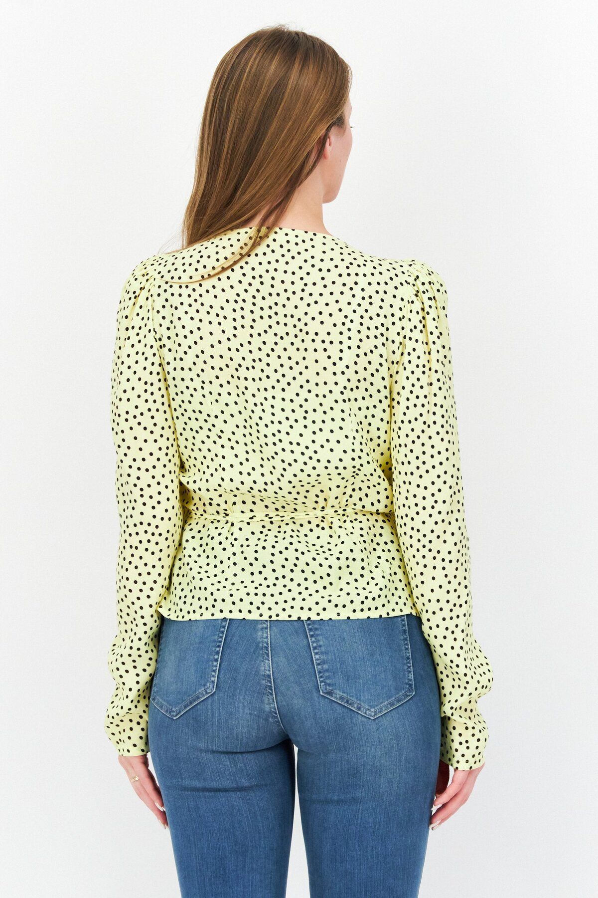 MANGO-Women Surplice Neck Long Sleeves Polka Dots Blouse, Yellow 2