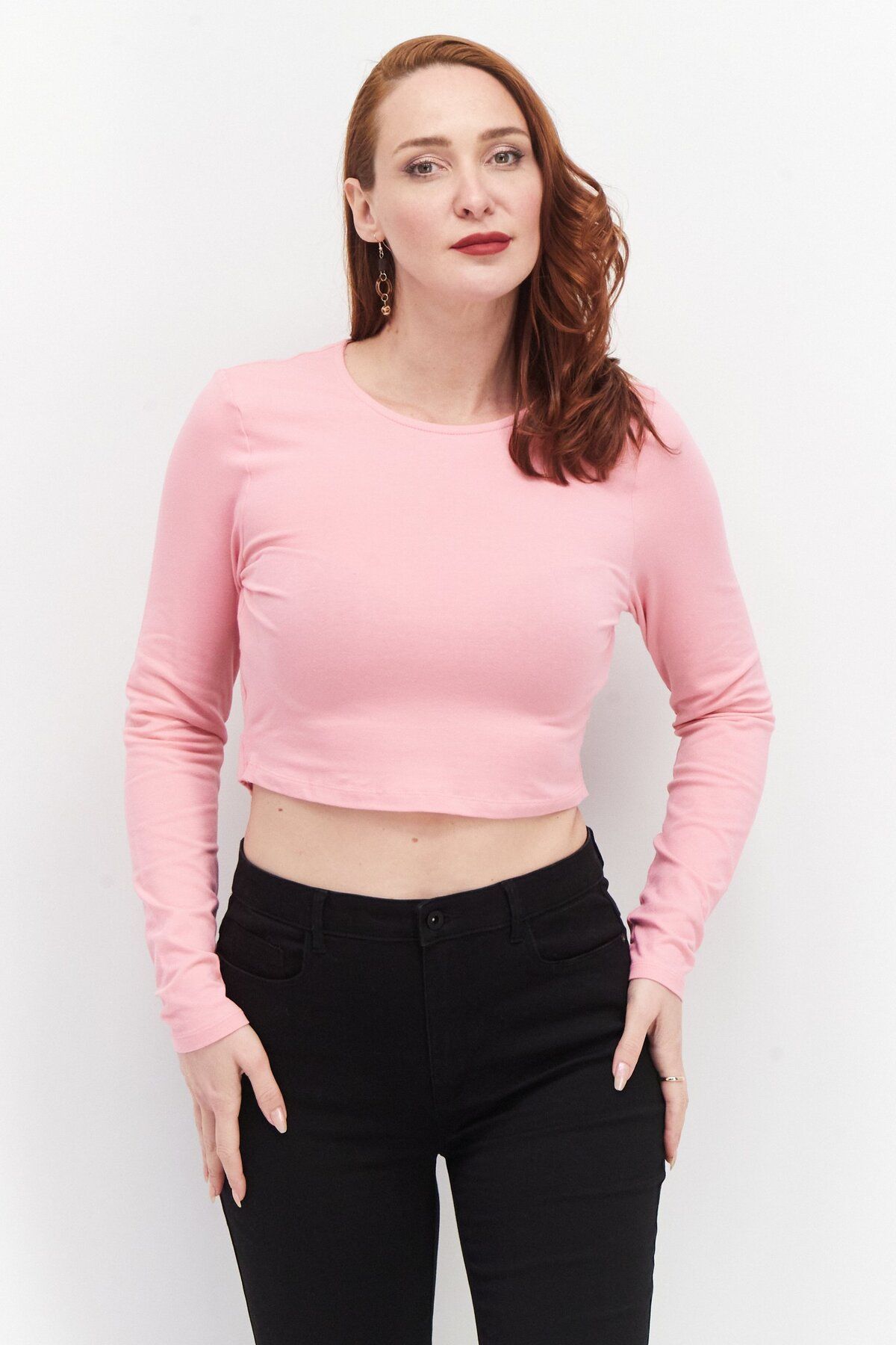 Noisy May-Women Crew Neck Long Sleeves Solid Blouse, Pink 1