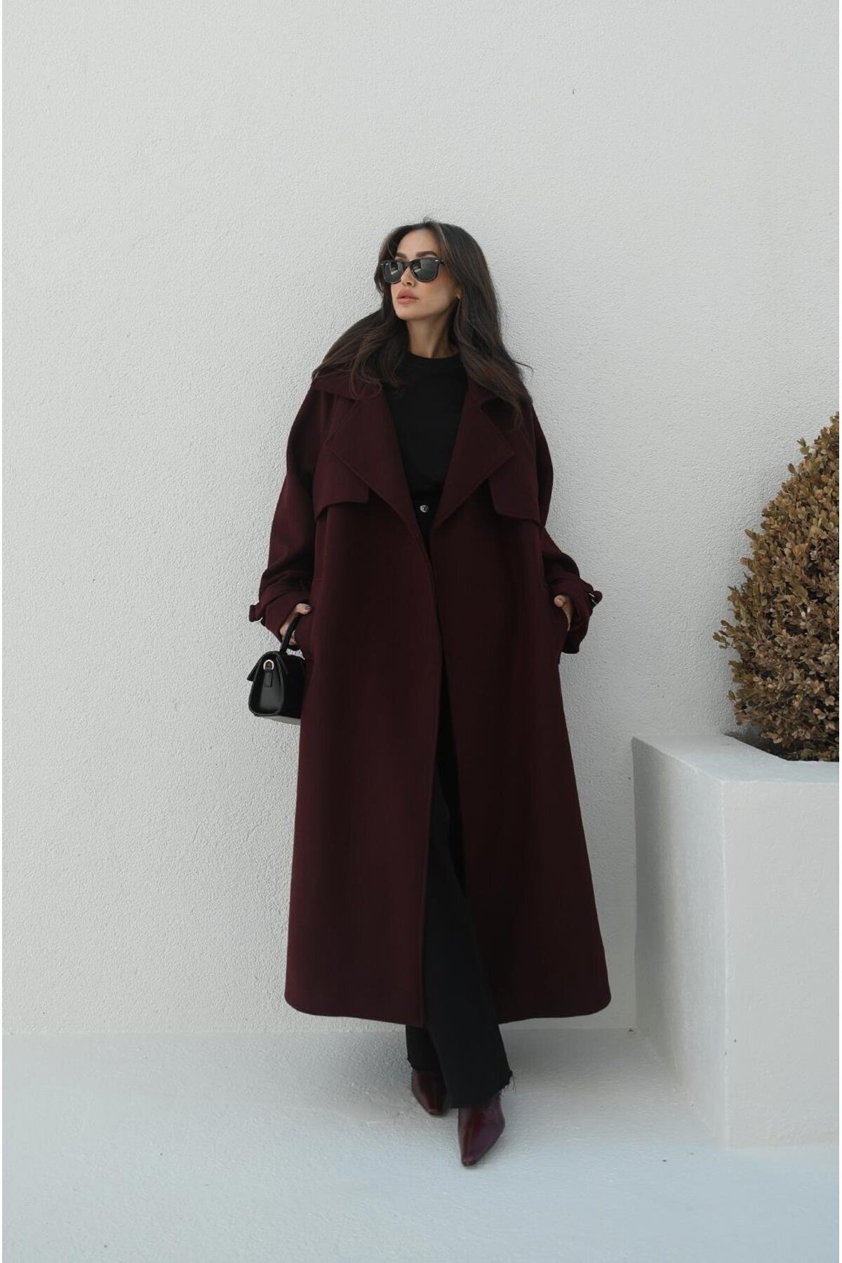 My Blog Burgunderfarbener Vorkuta-Mantel mit Gürtel