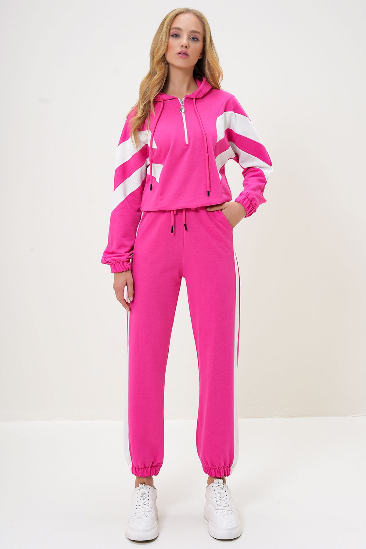 Trend Alaçatı Stili-Set de trening pentru femei, fucsia, cu glugă, cu jumătate de fermoar, cu picior elastic ALC-X13092 3