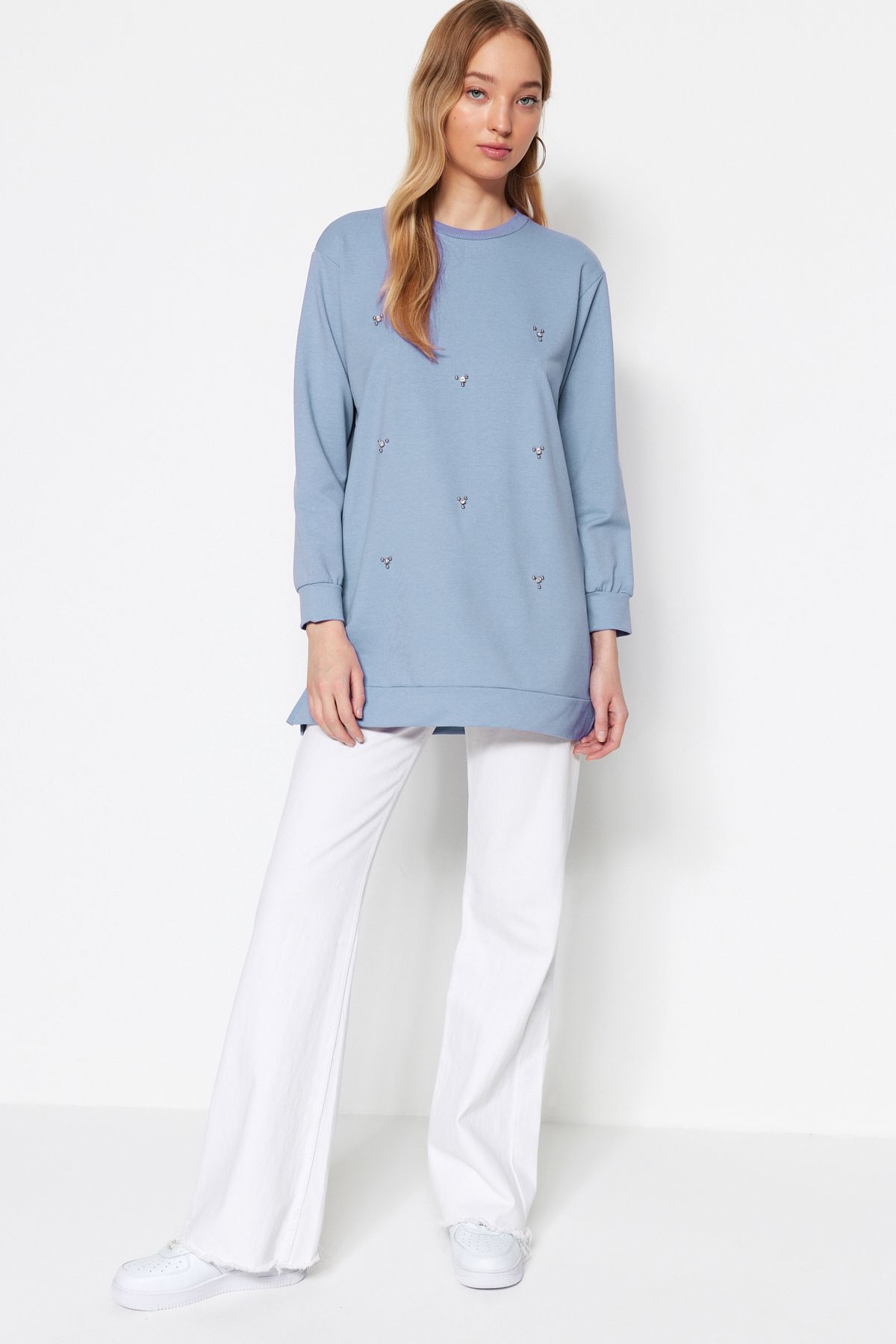 Trendyol Modest-Modrá Crew Neck Stone Detailní pletená tunika Tctss22Tn0072 2