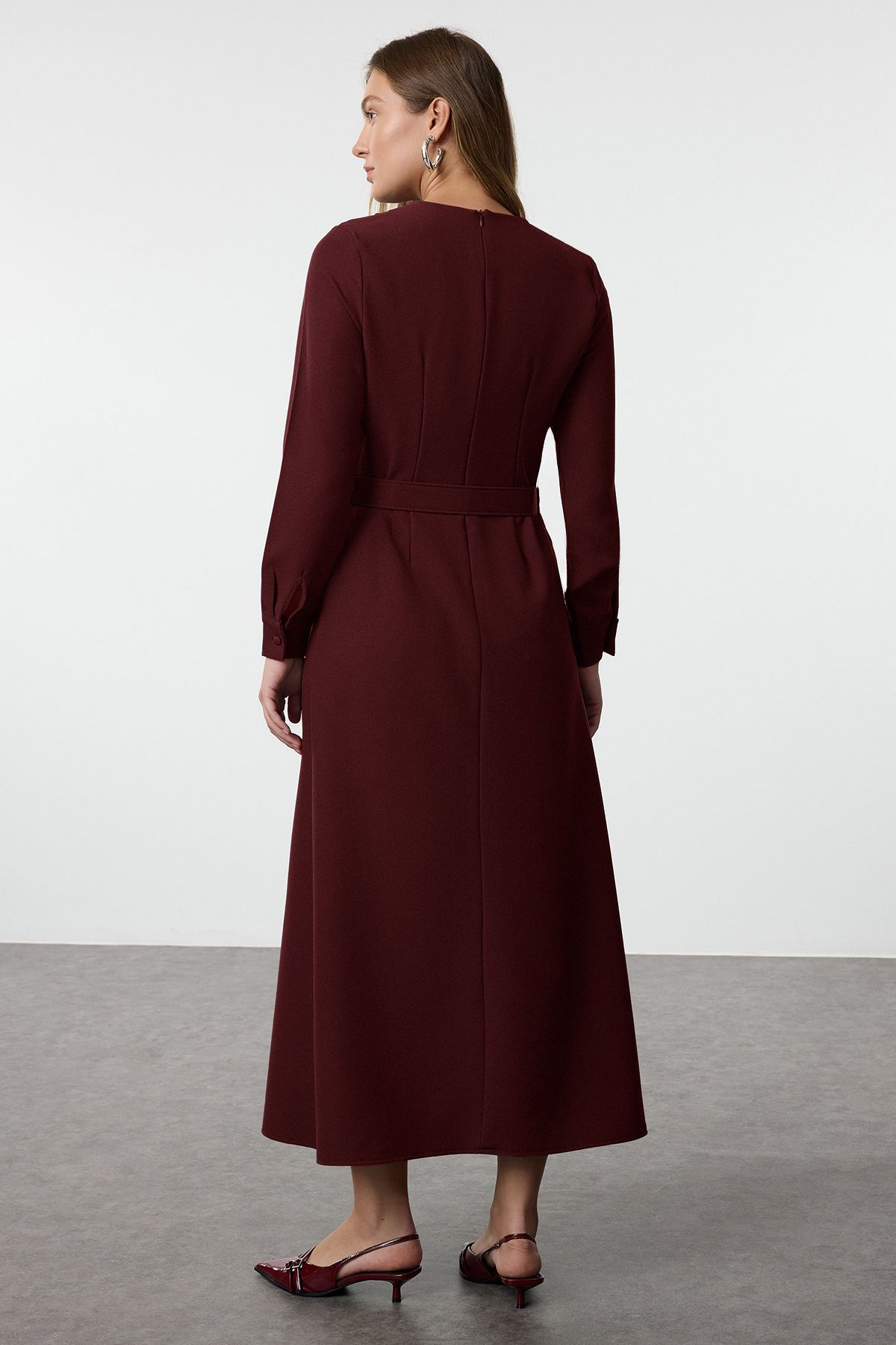 Trendyol Modest-Бордова двобортна сукня з драпірованим коміром з тканого крепу TCTAW25EB00122 5
