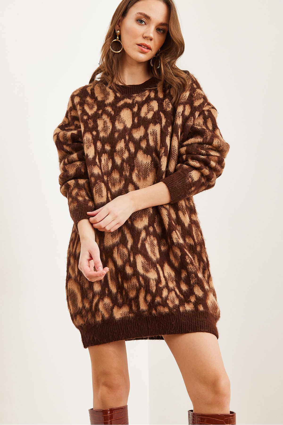 Kadın Camel Şardonlu Oversize Leopar Tunik Elbise ELB-19002298
