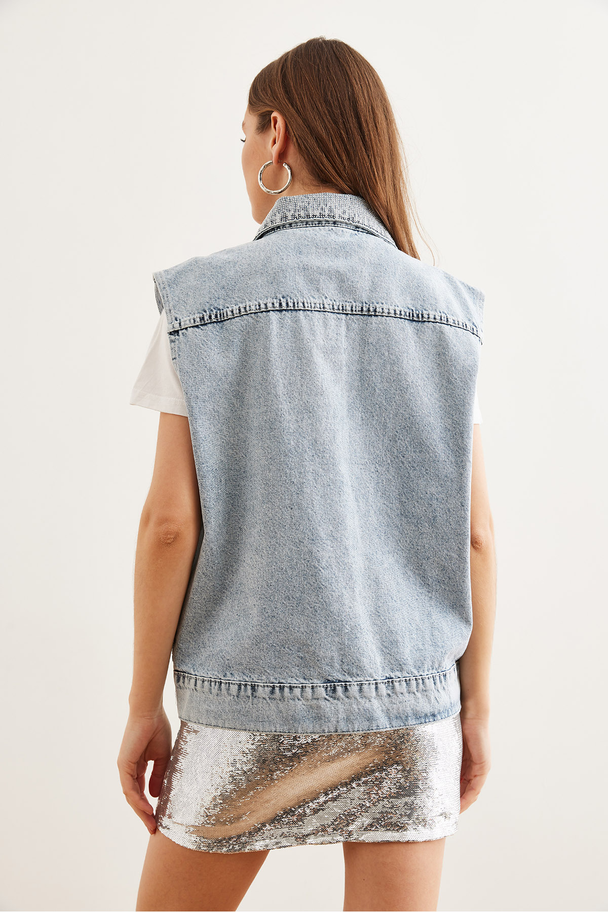 Olalook-Vestă de damă, albastră, strălucitoare, cu buzunar, supradimensionată, din denim YLK- 19000043 6