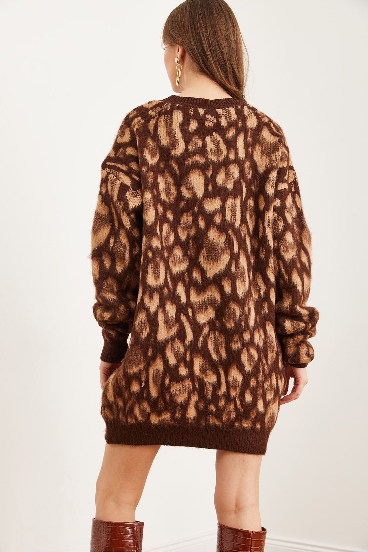 Kadın Camel Şardonlu Oversize Leopar Tunik Elbise ELB-19002298
