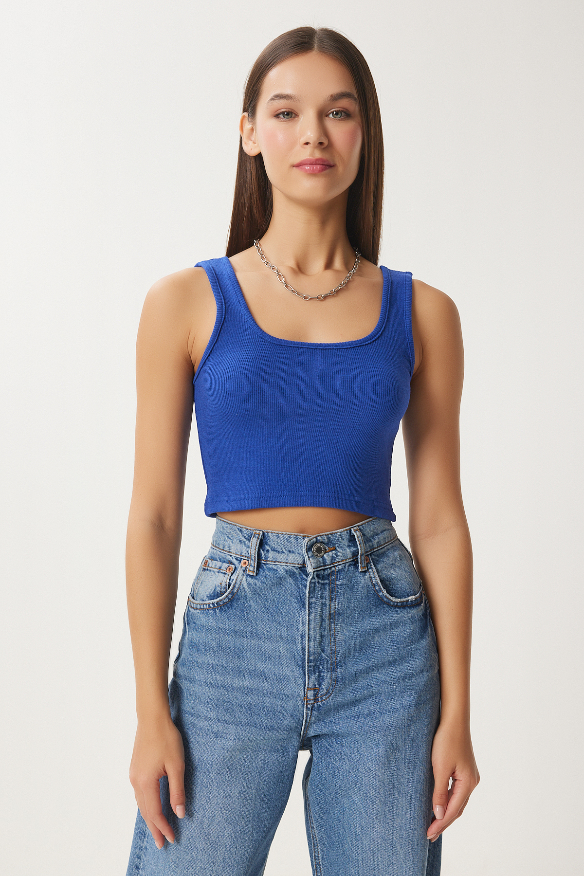 Happiness İstanbul  Kadın Koyu Mavi Askılı Fitilli Crop Örme Bluz GT00030 - Görsel 5