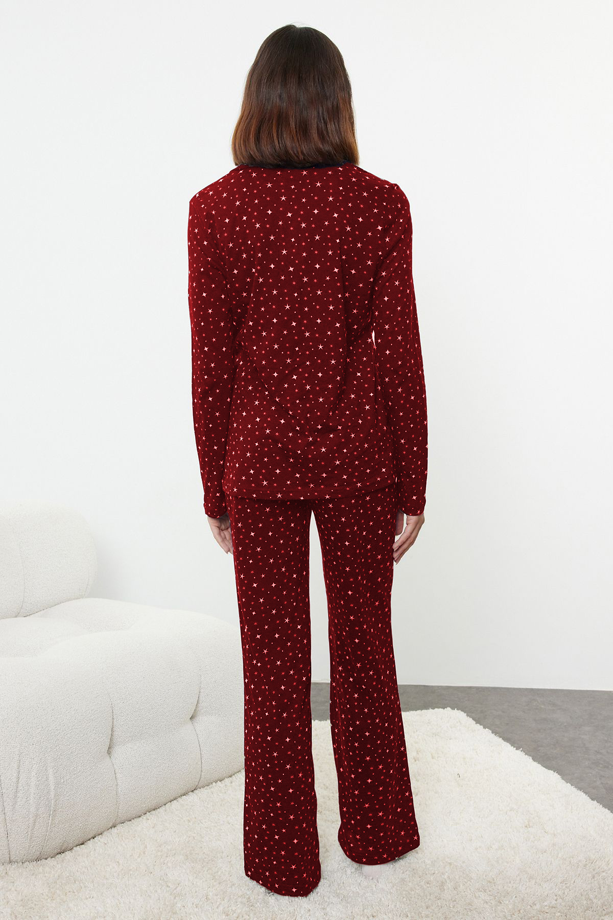 Trendyolmilla  Bordo %100 Pamuklu Galaksi Desenli Örme Pijama Takımı THMAW25PT00097 - Görsel 5