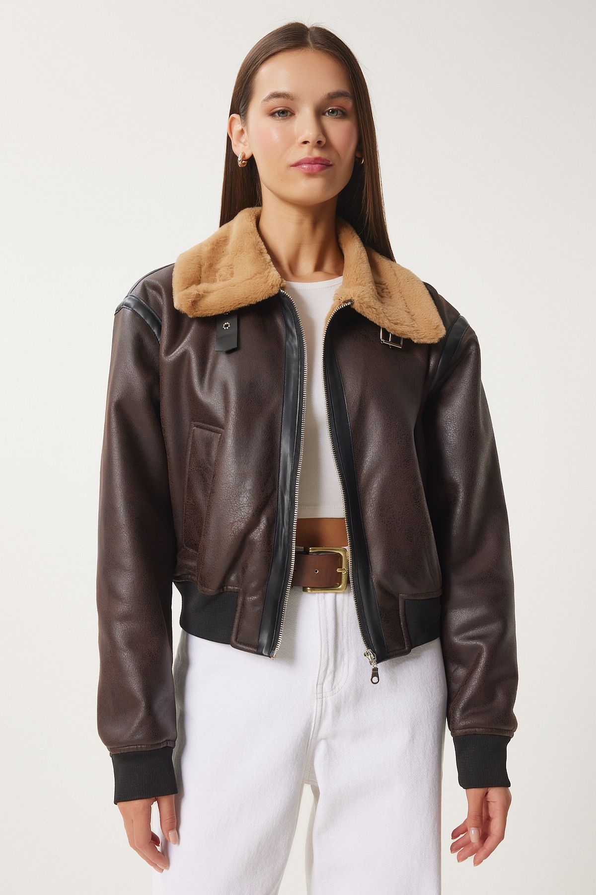 Happiness İstanbul-Women's Brown Faux Leather Bomber Jacket Fn03408 1