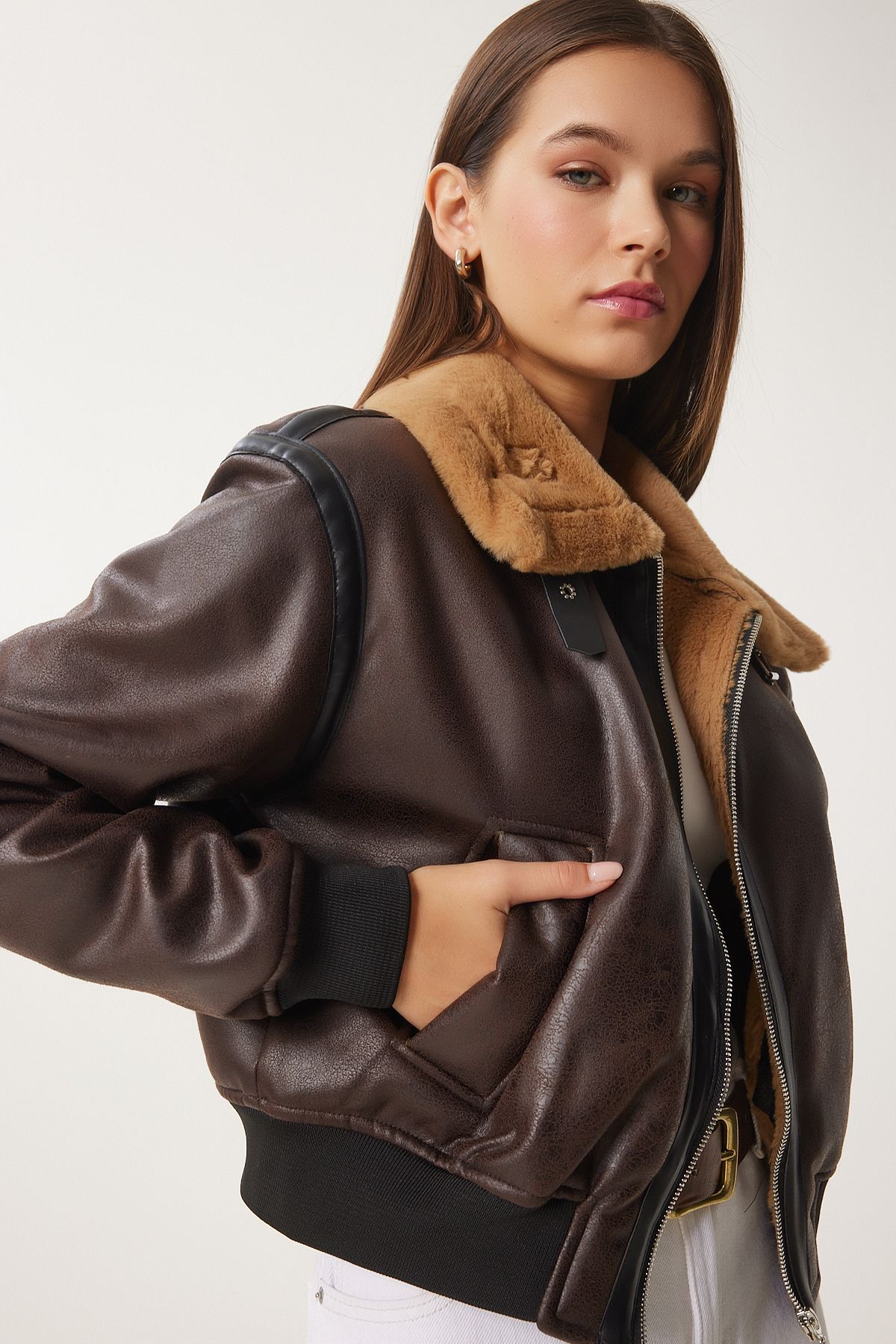 Happiness İstanbul-Women's Brown Faux Leather Bomber Jacket Fn03408 4