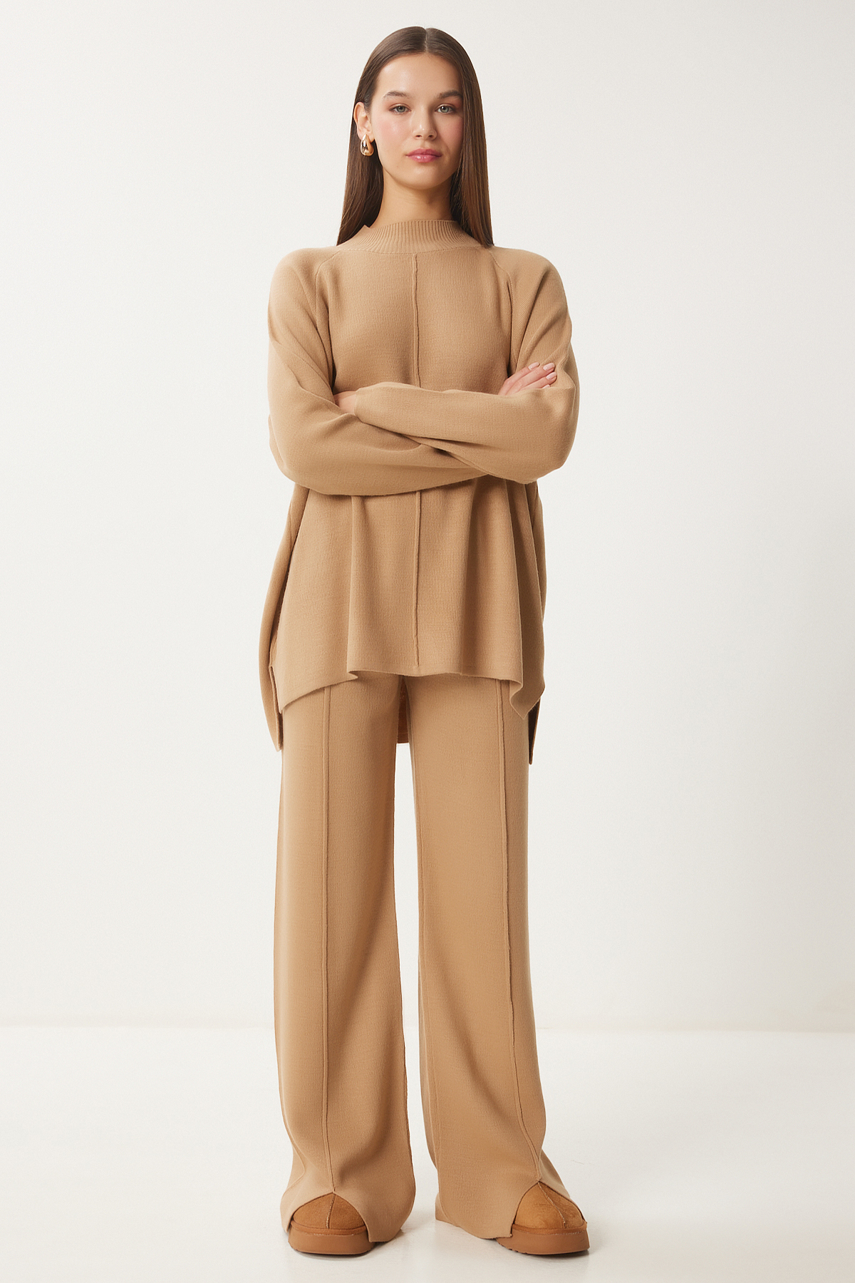 Happiness İstanbul Női nerc színű stílusos kötöttáru pulóver nadrág szett