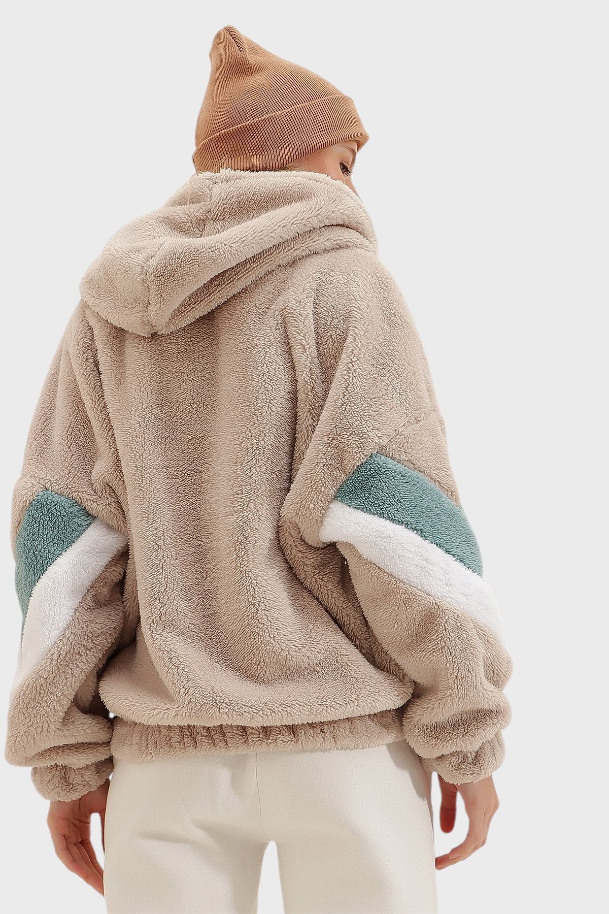 Trend Alaçatı Stili-Beiges Damen-Sweatshirt mit Kapuze, Reißverschlussärmeln, Farbblock, Übergröße, Plüsch ALC-547-001 5
