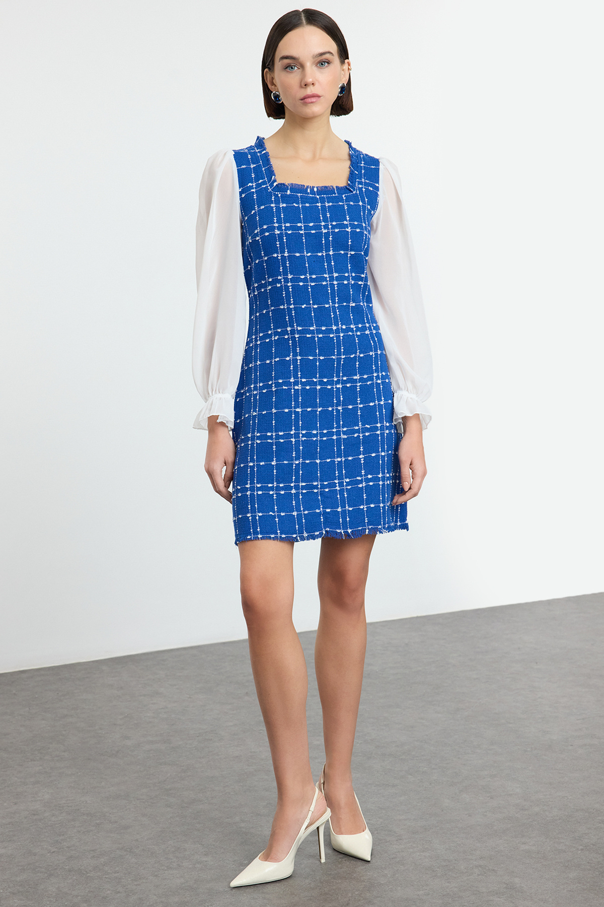Trendyolmilla Saks Ekose / Kareli Mini Dokuma Elbise TWOAW21EL0532