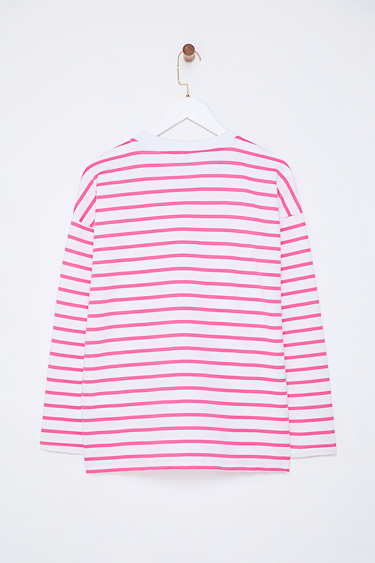 Trendyolmilla  Pembe Çizgili Oversize/Geniş Kesim Bisiklet Yaka İnce Örme Sweatshirt TWOAW23SW00326 - Görsel 7