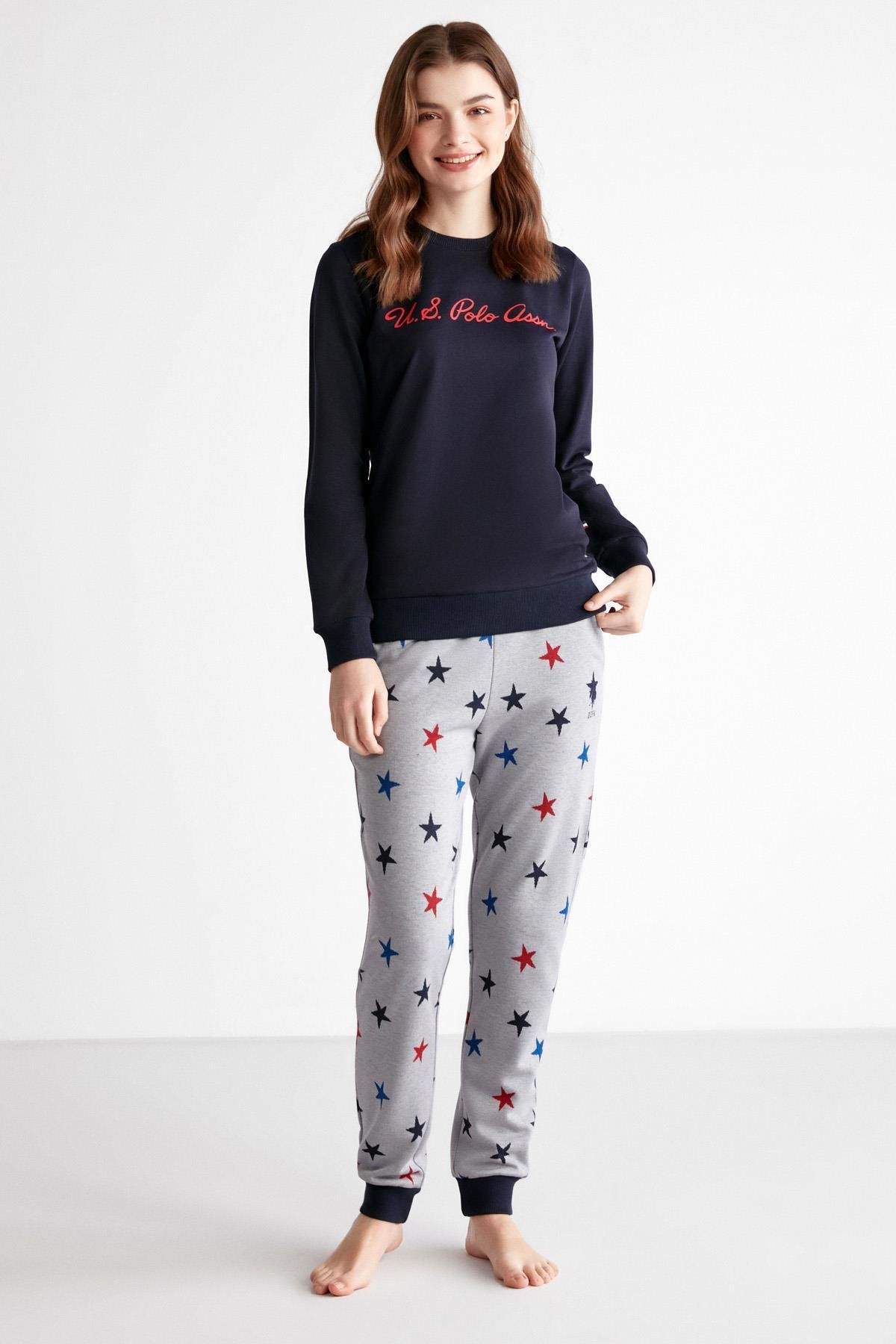U.S. Polo Assn. Bel Kol ve Paçası Manşetli 2 İplik Kışlık Kadın Pijama Takım, Üst Yazı Baskılı Alt Yıldız Baskılı