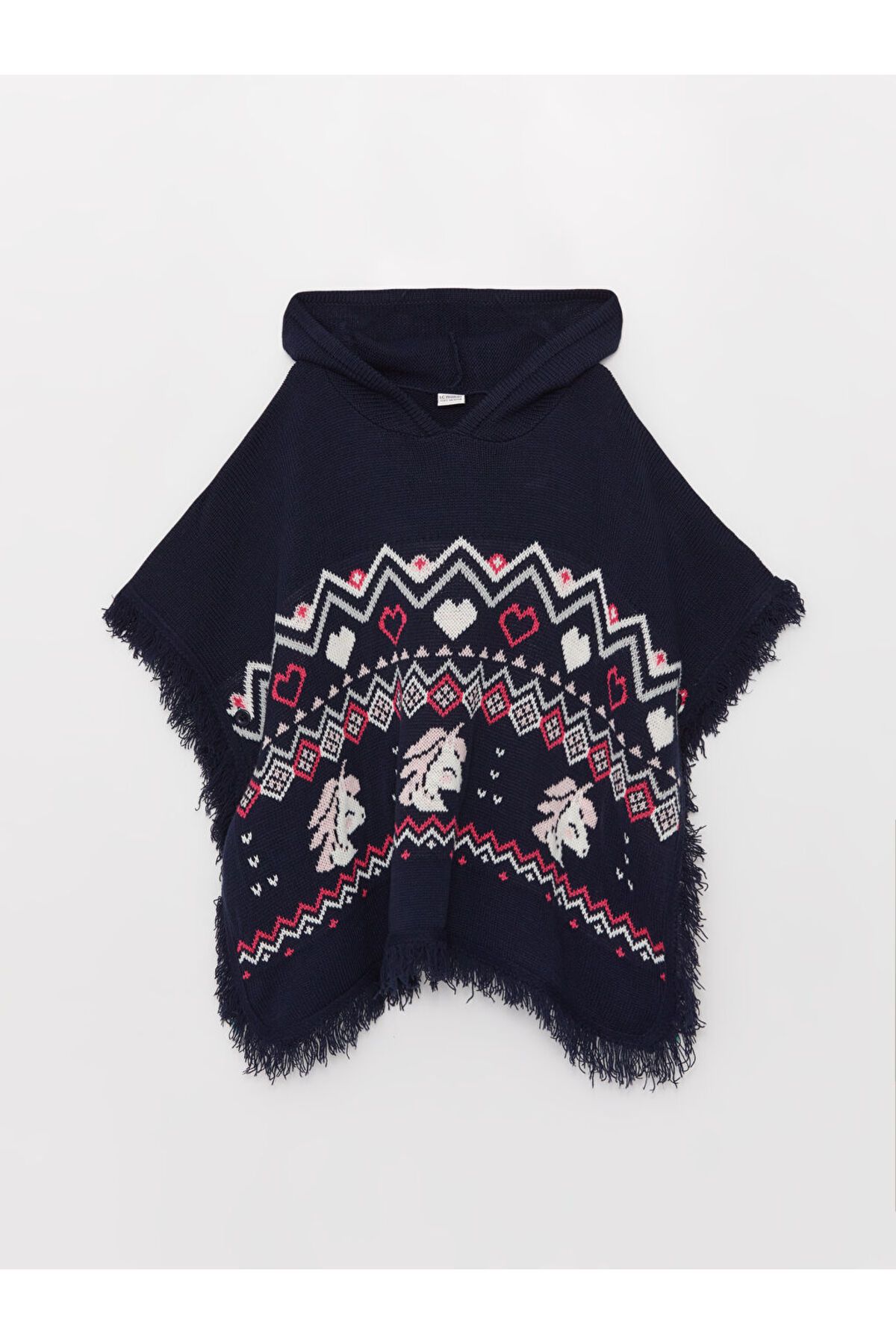 LC Waikiki-Lcw Kids Navy Blue Hooded Patterned Girls' Knitwear Poncho 1