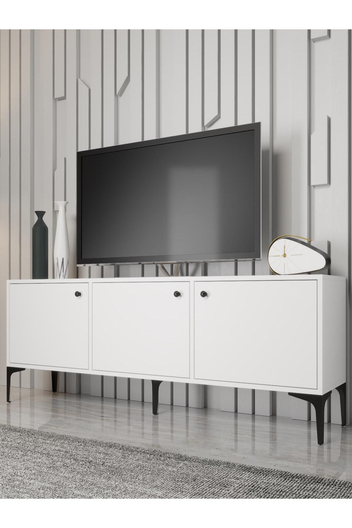 Bello 160 Cm Metal Ayaklı Tv Ünitesi - Konsol - Beyaz / Siyah